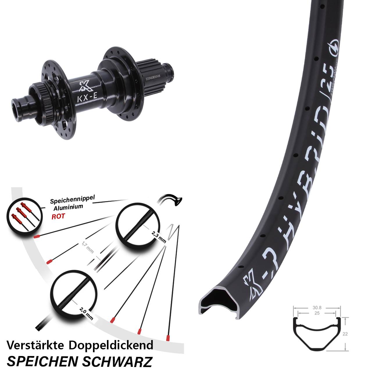 28-29 Zoll KX-R Hybrid 25 Hinterrad E-Bike Boost Shimano Micro Spline