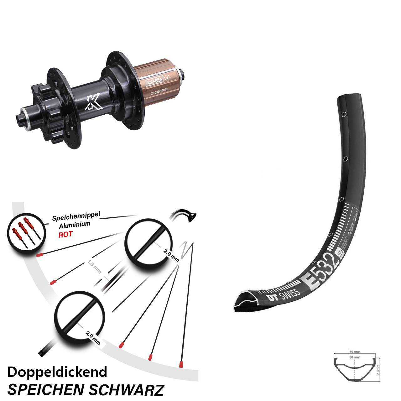 29 Zoll DT Swiss E532 KX-M Disc Hinterrad QR 8-12 fach HG