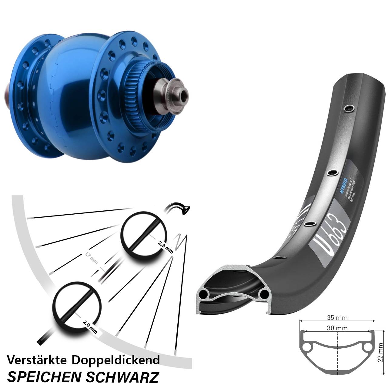 Disc Nabendynamo-Laufrad 29 Zoll DT Swiss U663 SON 28 blau für Schnellspanner