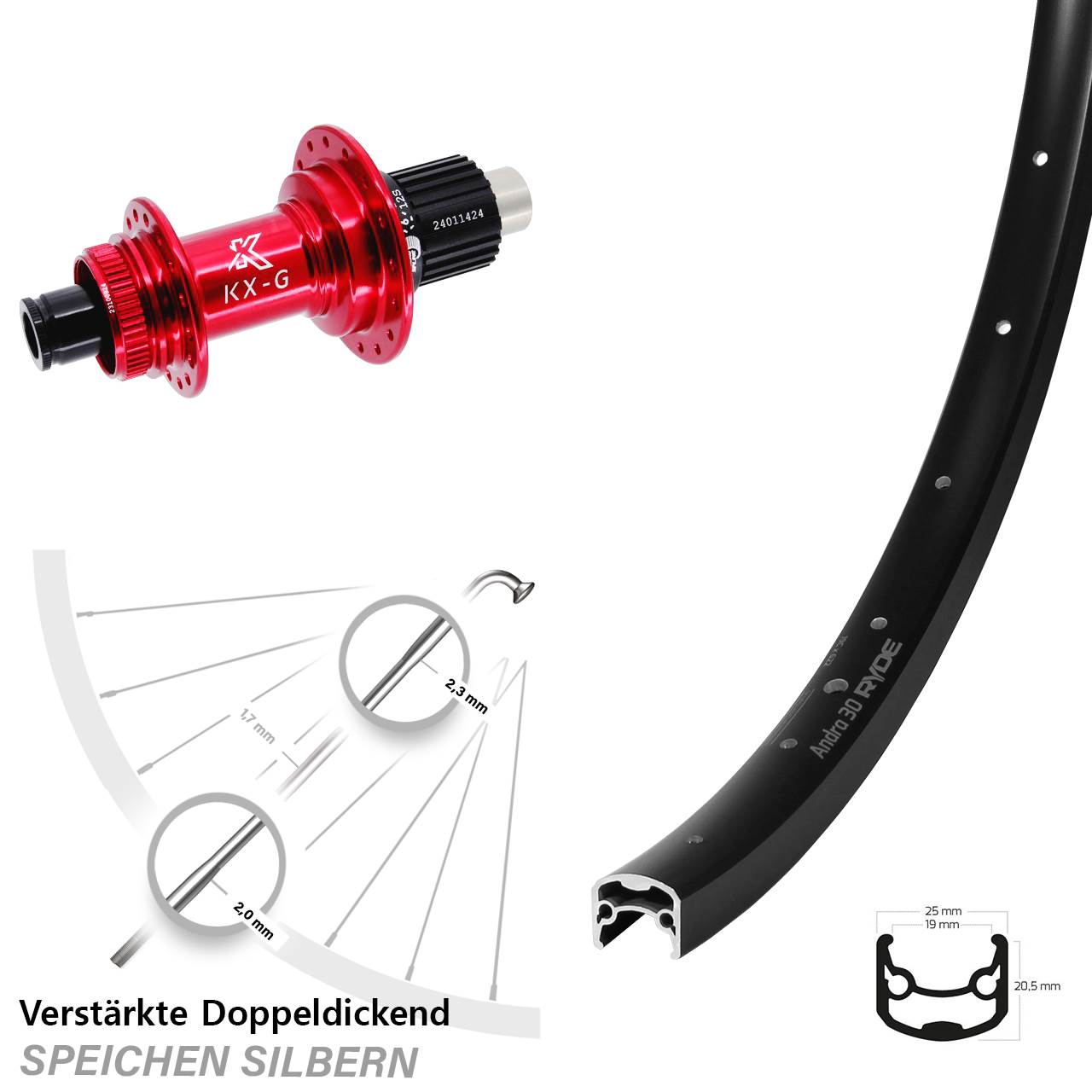 28-29 Zoll Ryde Andra 30 KX-G rot Centerlock Hinterrad 12x142 Shimano Micro Spline