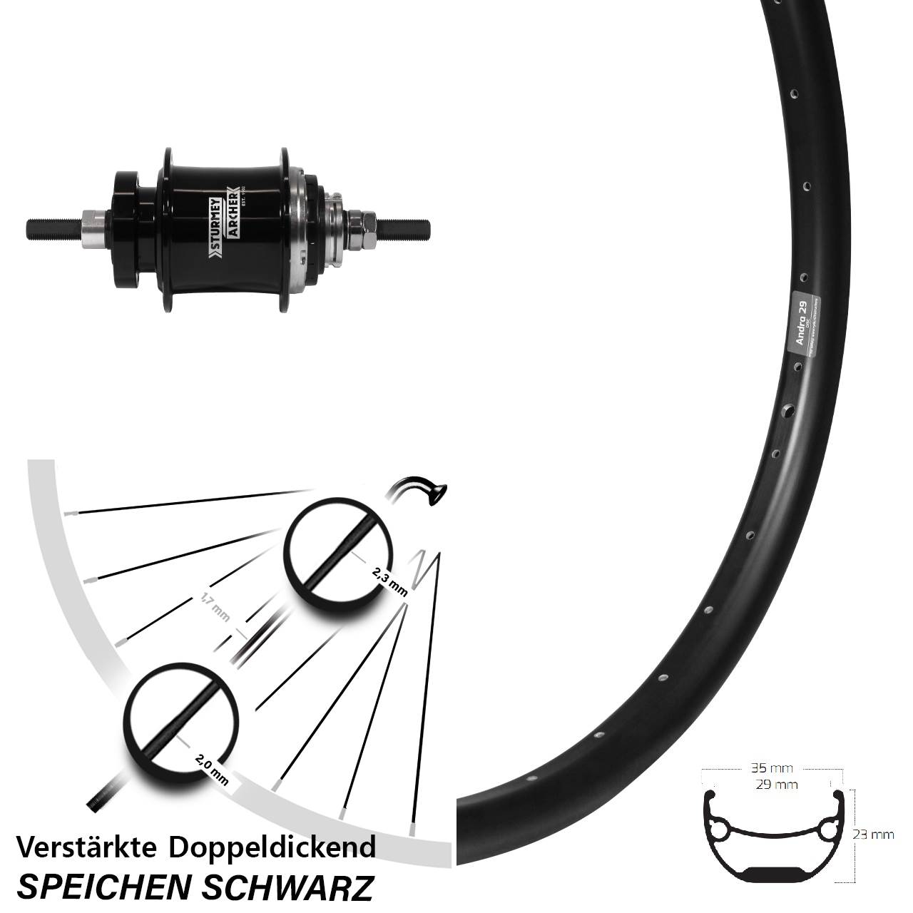 27,5 Zoll Ryde Andra 29 Hinterrad Sturmey Archer A2K Disc schwarz
