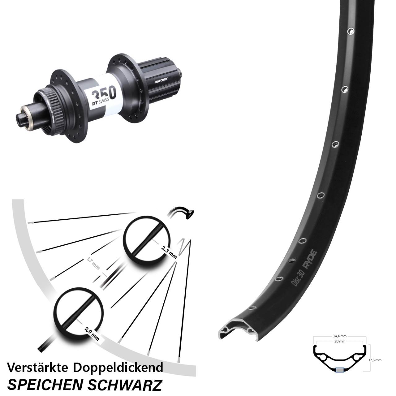 Hinterrad 27,5 Zoll Ryde Disc 30 DT Swiss 350 8-11 fach HG QR Boost