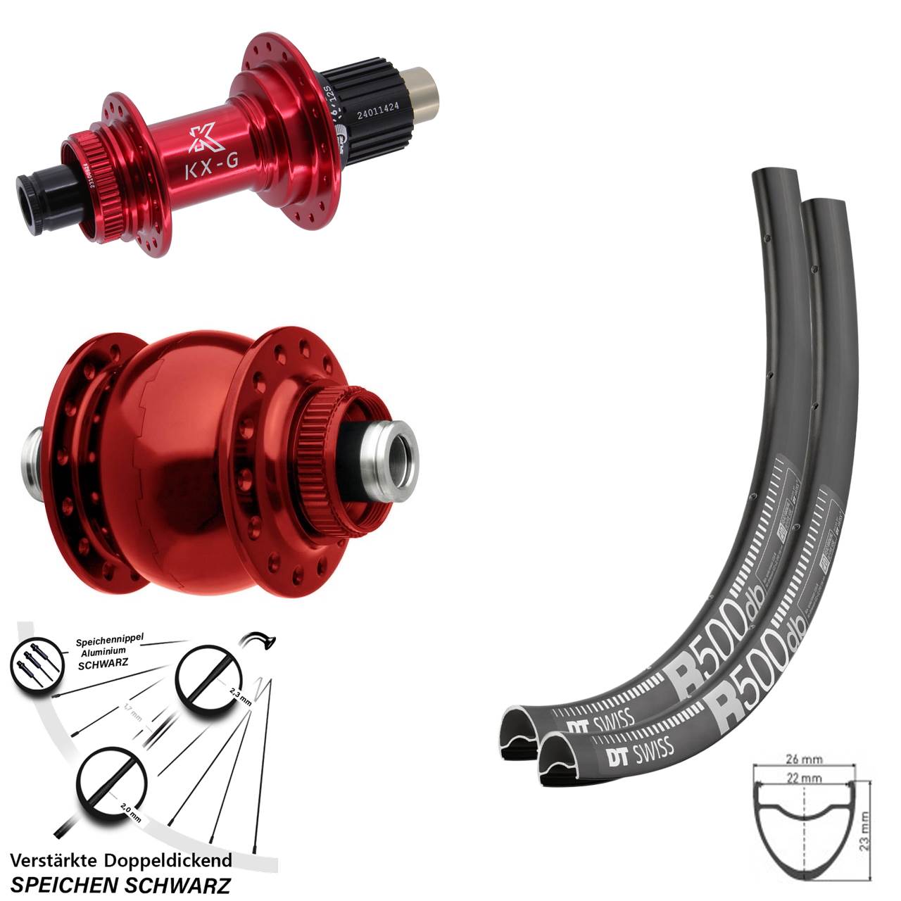Disc Laufradsatz 28-29 Zoll DT Swiss R500 KX-G rot SON 28 Micro Spline 12x100/142