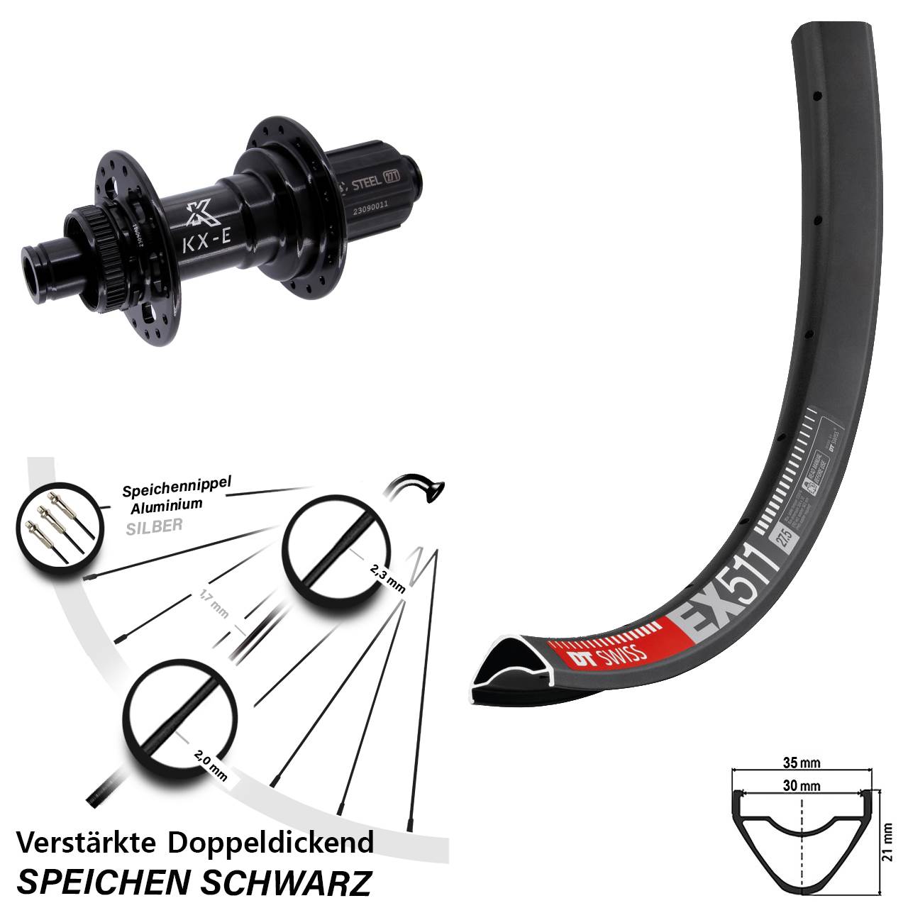 27,5 Zoll DT Swiss EX 511 KX-E Heavy Duty Hinterrad Centerlock 12x148 8-12 fach
