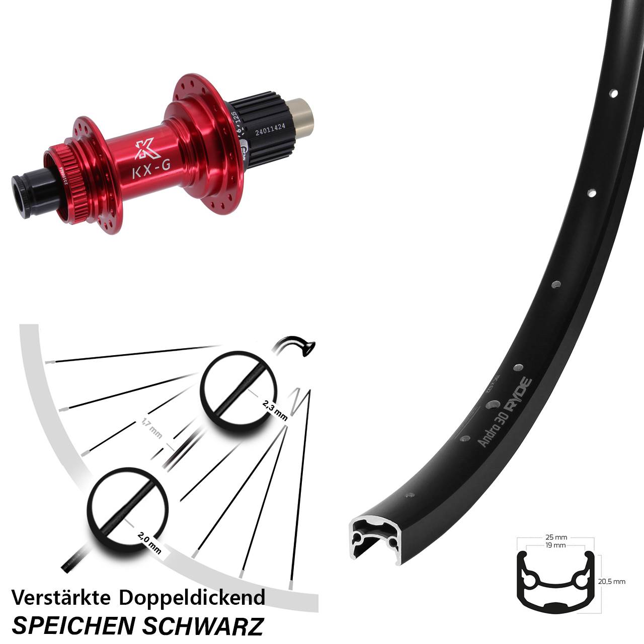 28-29 Zoll Ryde Andra 30 KX-G rot Centerlock Hinterrad 12x142 Shimano Micro Spline