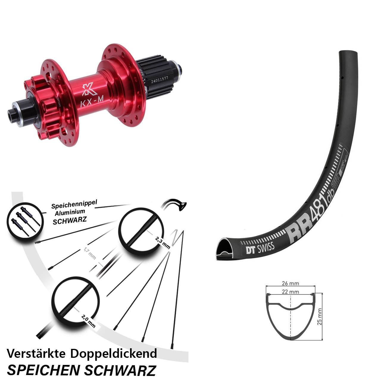Disc Laufrad 28 Zoll DT Swiss RR481 KX-M rot Shimano Micro Spline für Schnellspanner