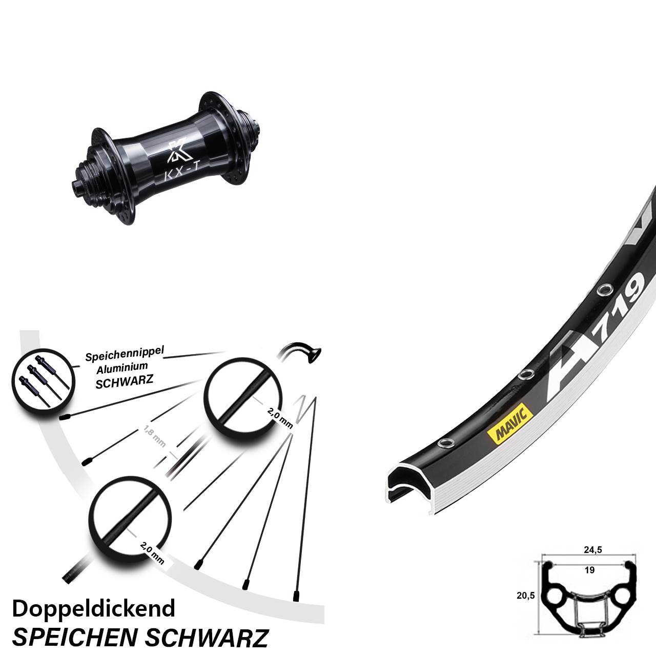 KX-T schwarz Mavic A 719 Vorderrad 28 Zoll Schnellspanner Felgenbremse