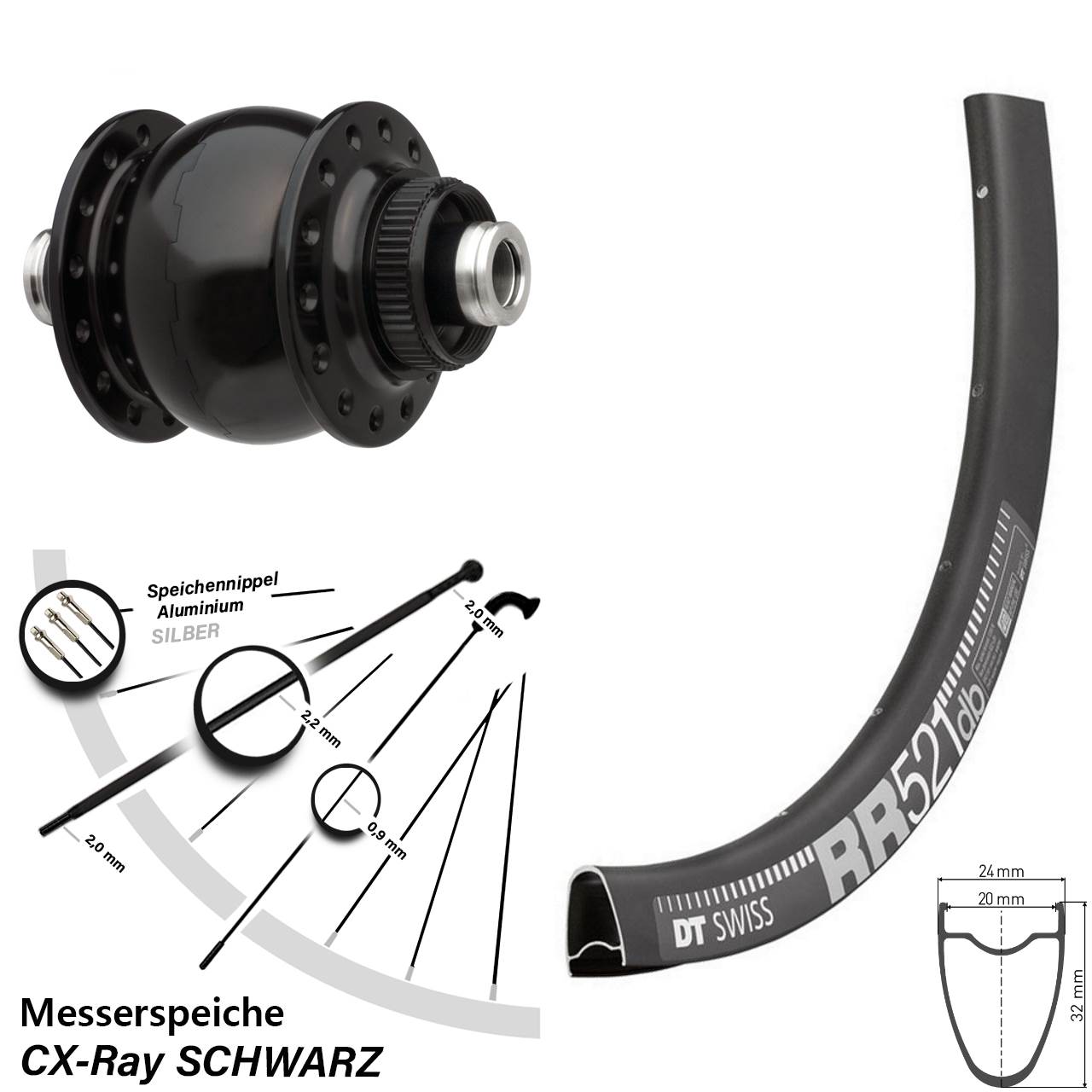 Vorderrad 28 Zoll DT Swiss RR 521 Steckachse Dynamo SON delux CX Ray schwarz