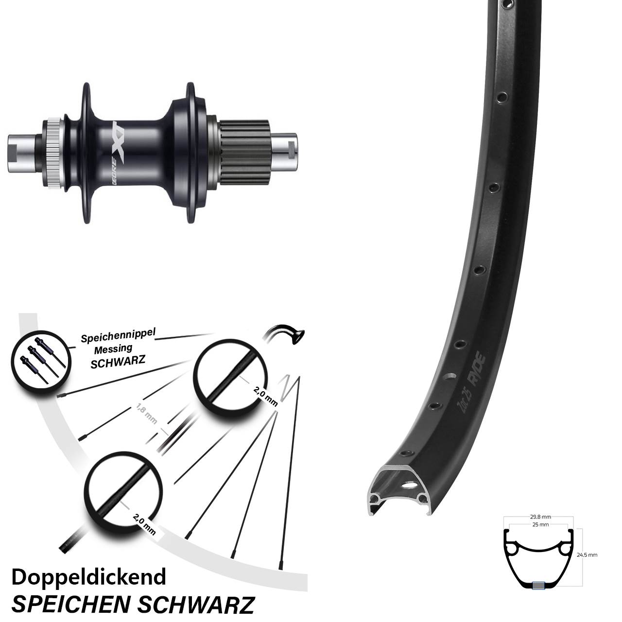 Centerlock Hinterrad 12x142 29 Zoll Ryde ZAC 25 Shimano XT Micro Spline