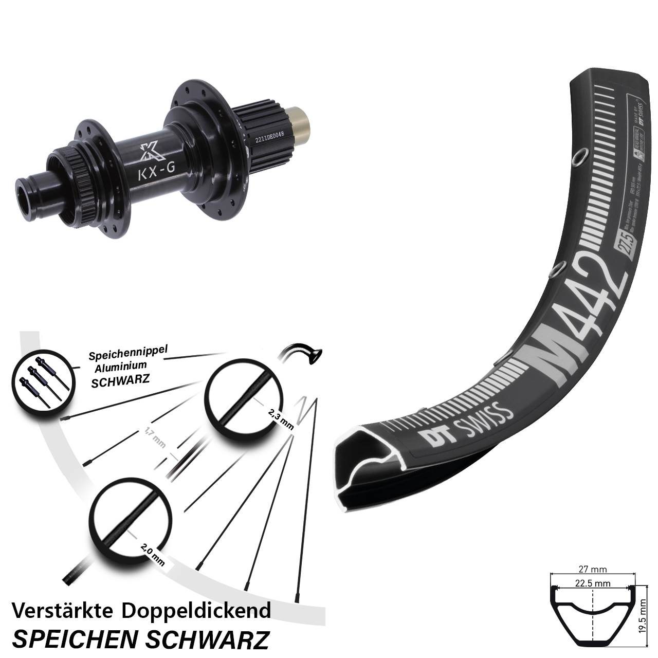 Centerlock Hinterrad 12x142 29 Zoll DT Swiss M442 KX-G Steckachse Micro Spline