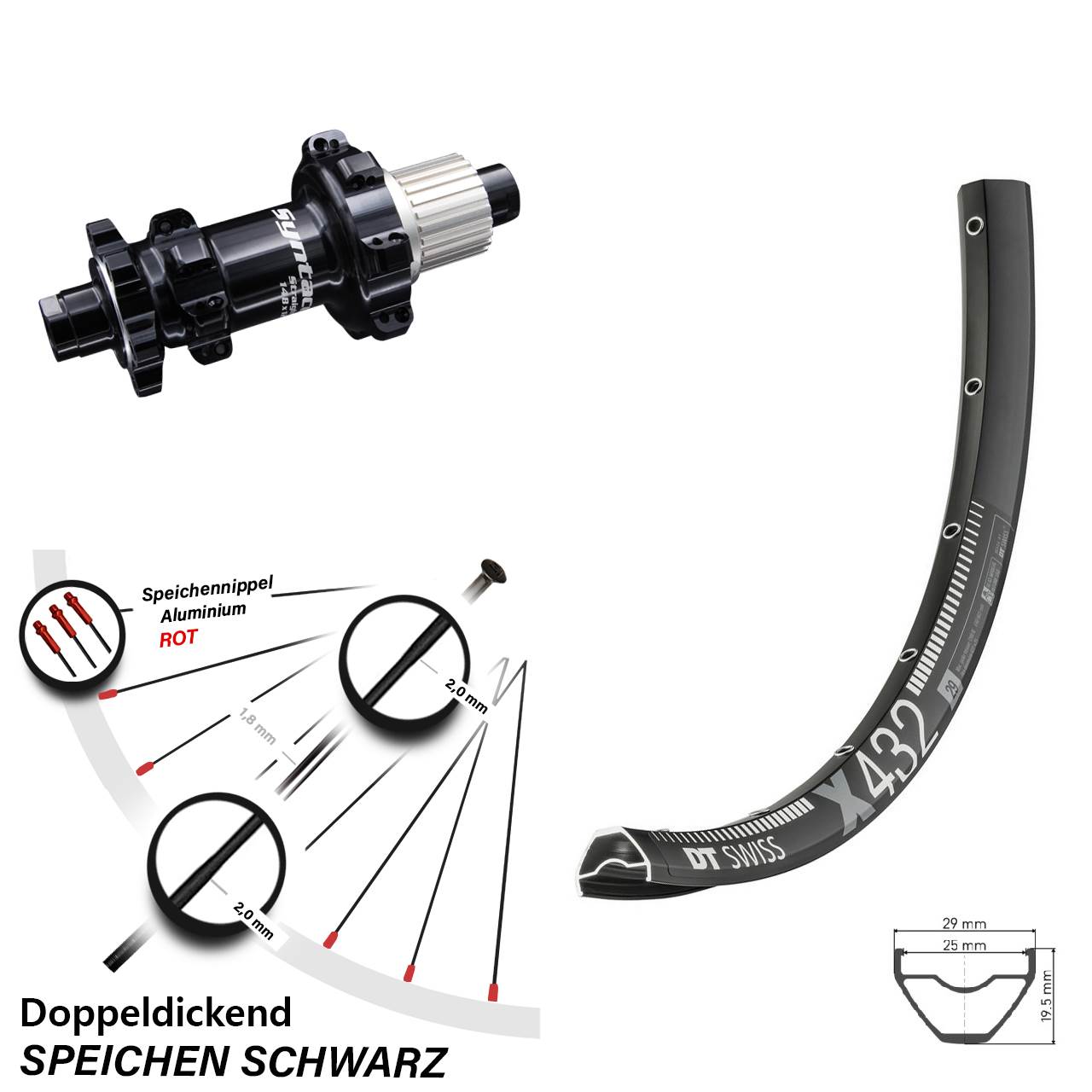 DT Swiss X 432 Boost Hinterrad 29 Zoll mit Syntace 12x148 mm Straightpull Nabe 12-fach