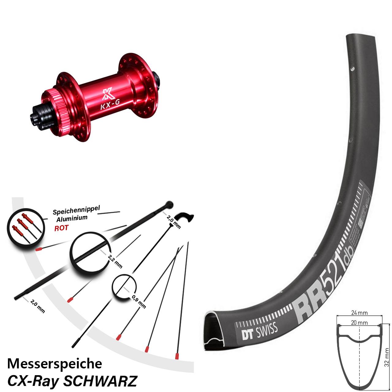 Centerlock Vorderrad 28 Zoll DT Swiss RR 521 KX-G rot QR CX-Ray