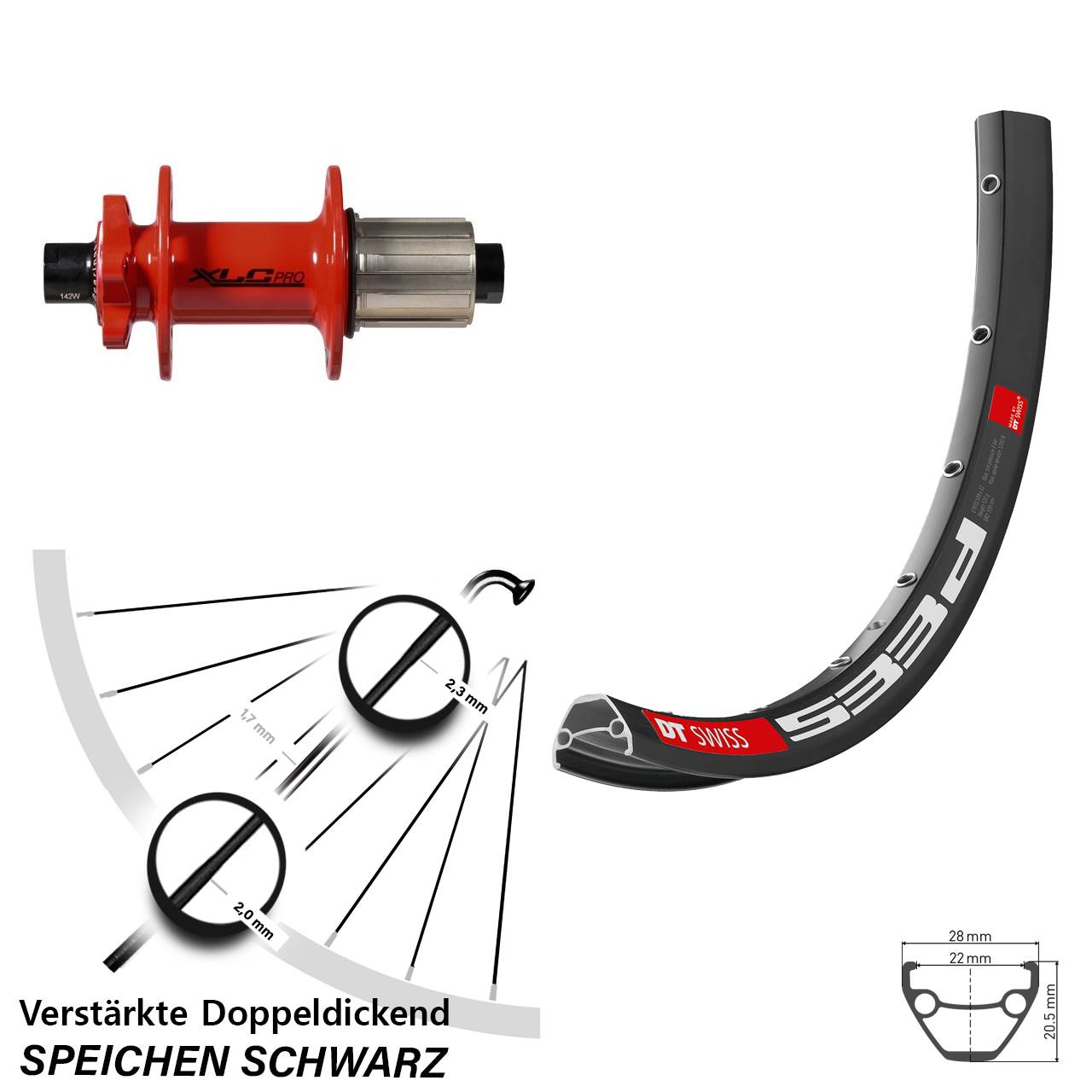 DT Swiss 533d XLC Pro rot 26 Zoll Disc Laufrad 12x142 8-11 fach