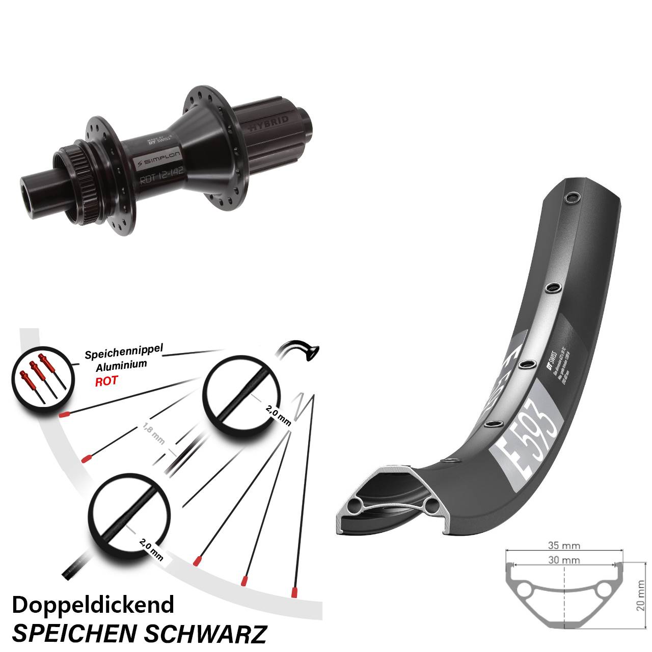 DT Swiss E 593-370 Hybrid 29 Zoll Hinterrad Centerlock 12x142 8-11 fach