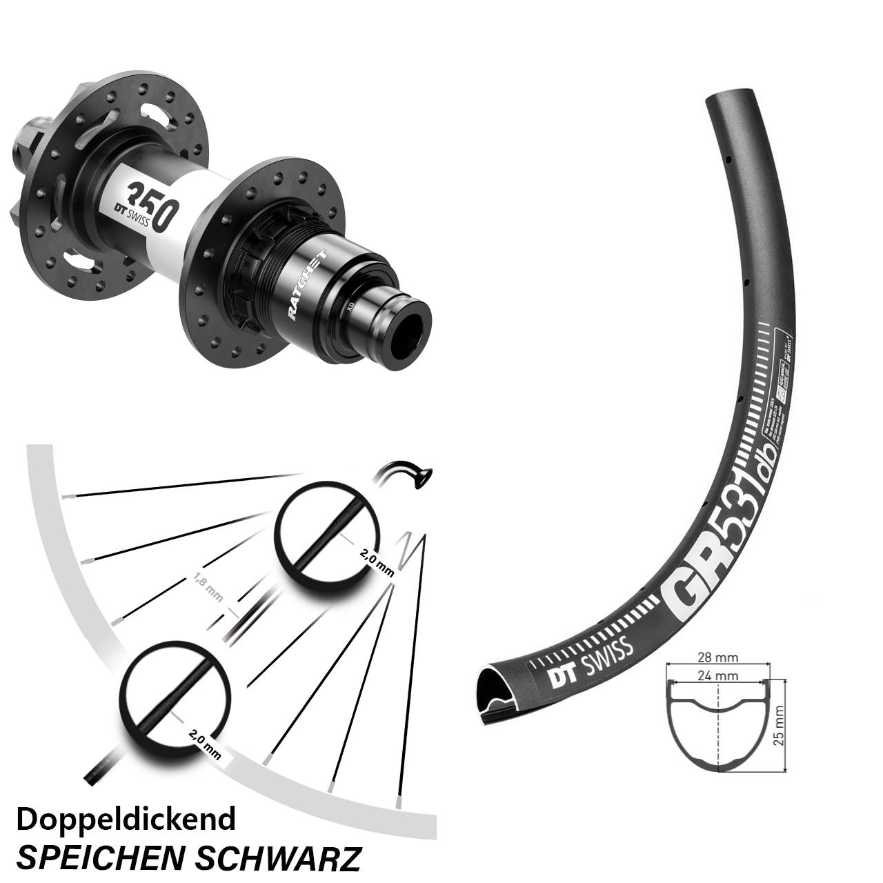 DT Swiss GR531-350 27,5 Zoll 6-Loch Hinterrad 12x142 SRAM XD