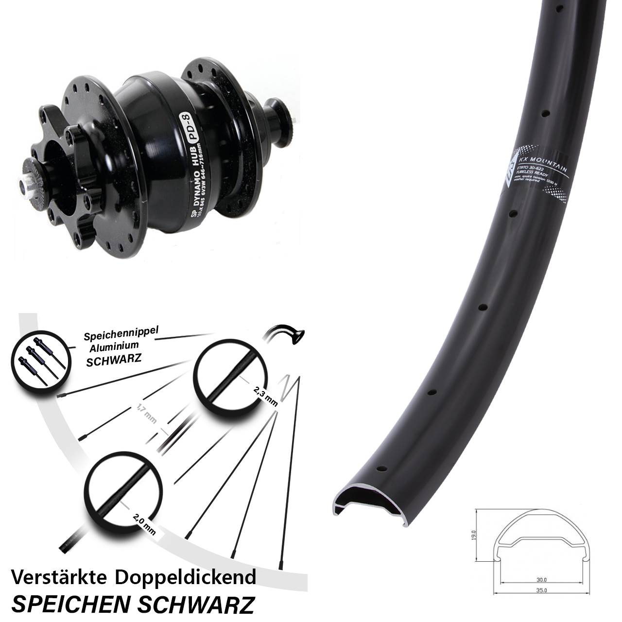 Nabendynamovorderrad 6-Loch QR 29 Zoll KX Mountain Shutter Precision PD-8
