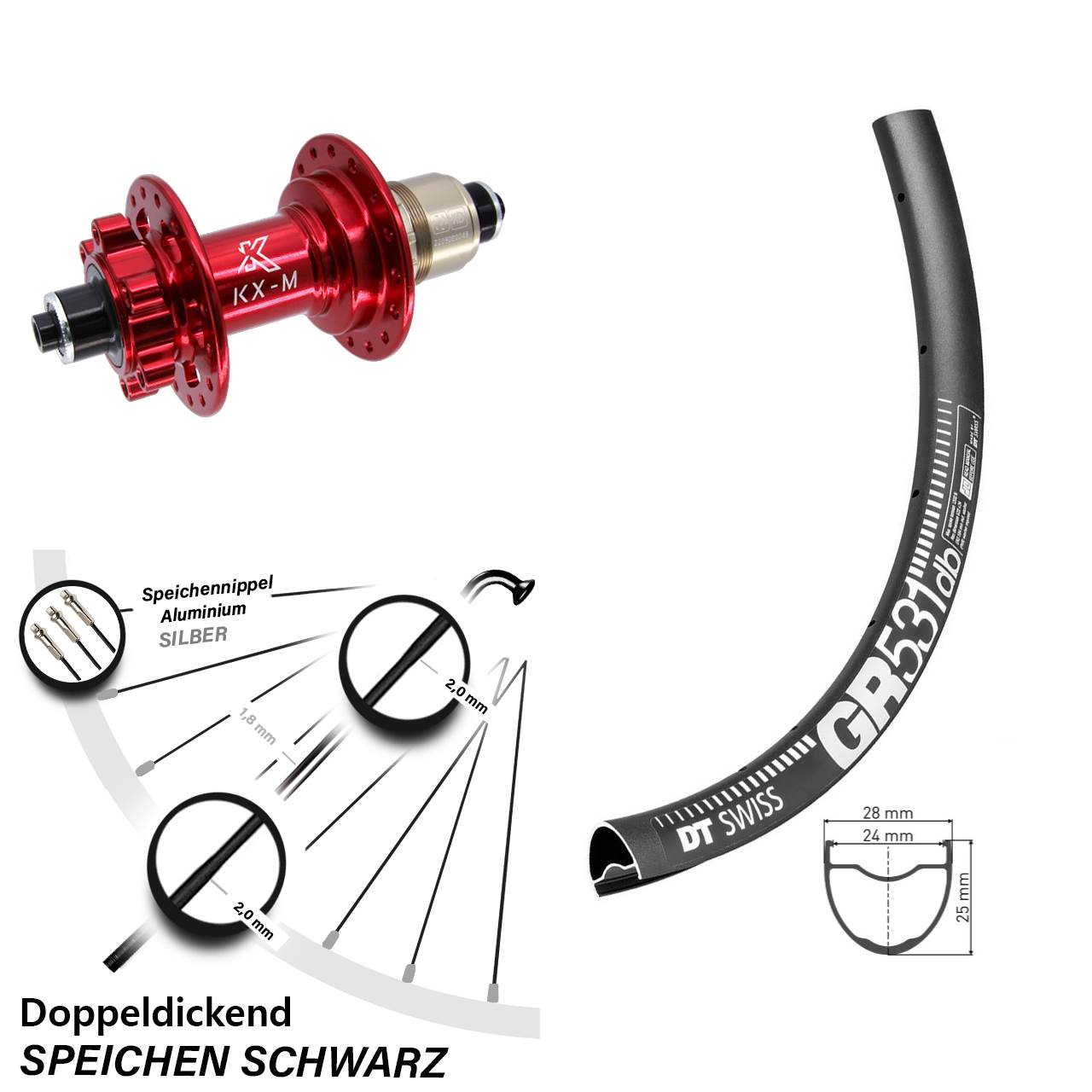 DT Swiss GR 531 KX-M rot 27,5 Zoll Hinterrad 6-Loch für Schnellspanner XD 11-12 fach