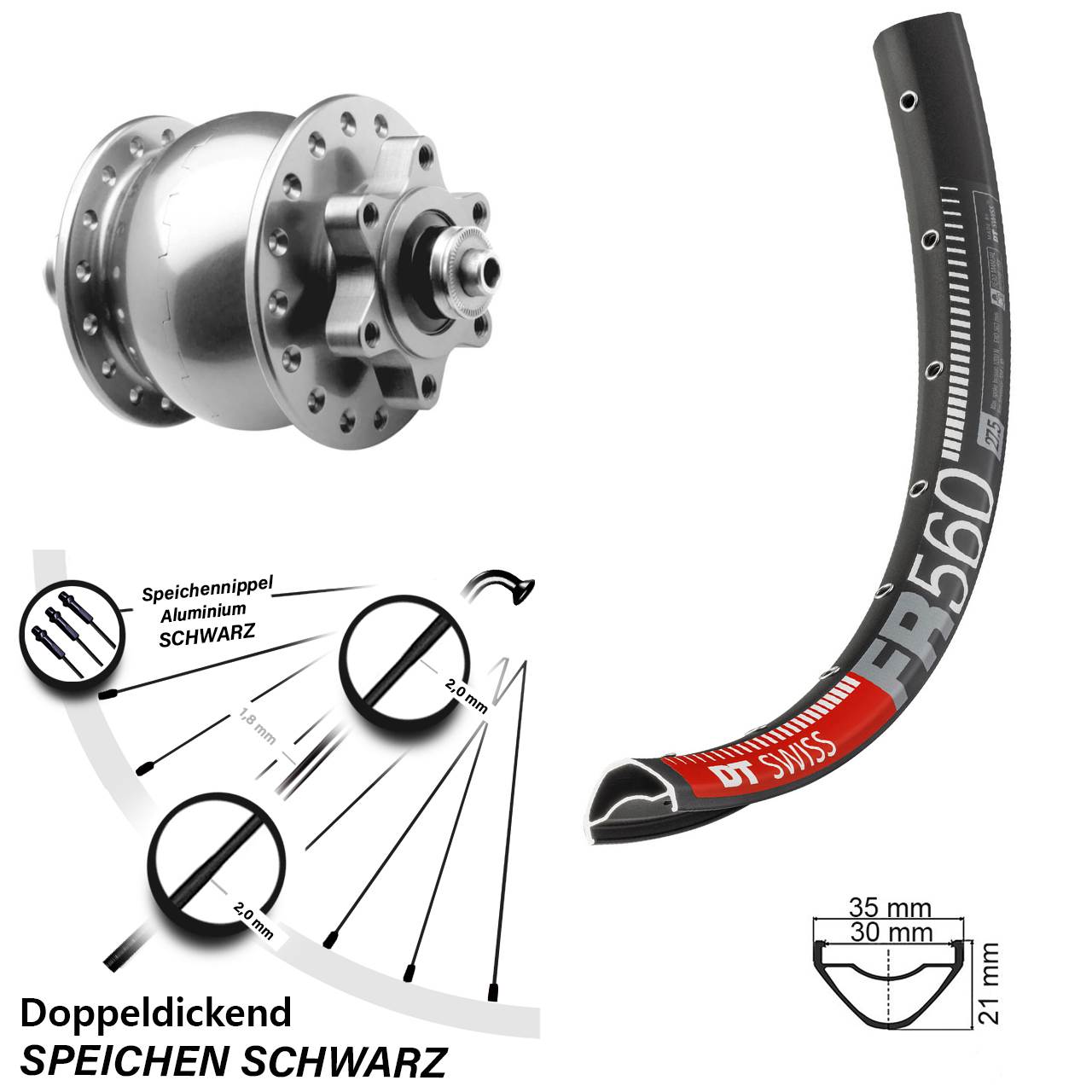 6-Loch Dynamo-Vorderrad 26 Zoll DT Swiss FR 560 SON 28 silbern für Schnellspanner