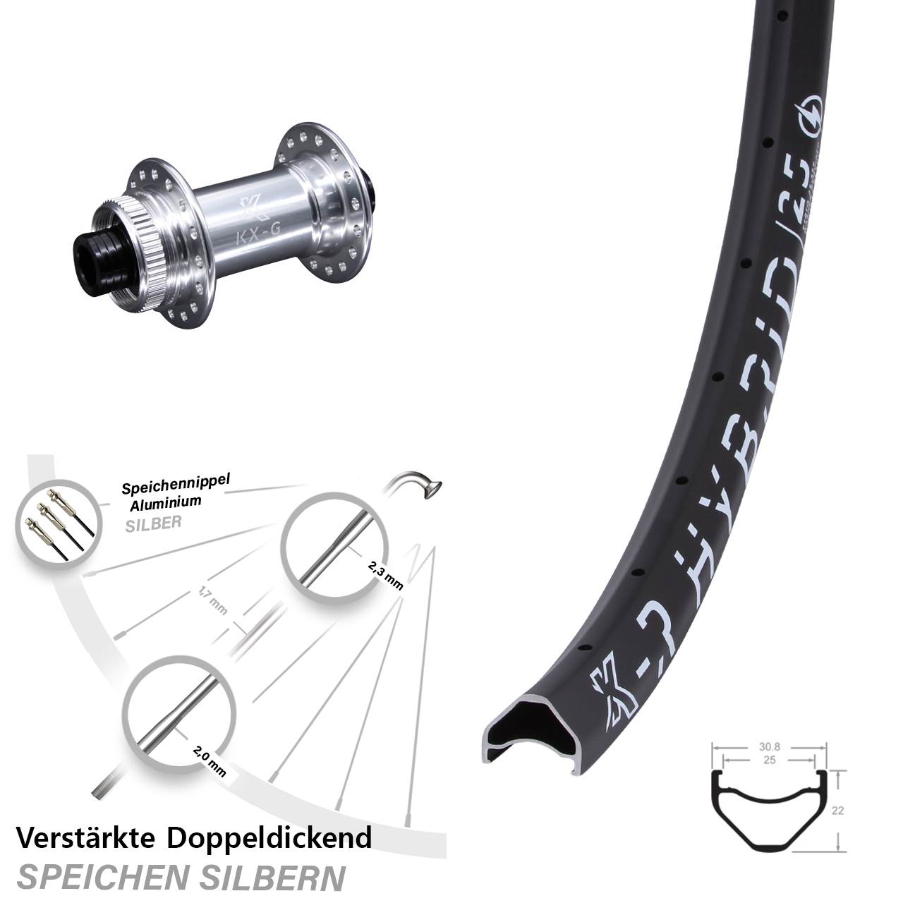 26 Zoll KX-R Hybrid 25 Vorderrad Centerlock silbern 15x100