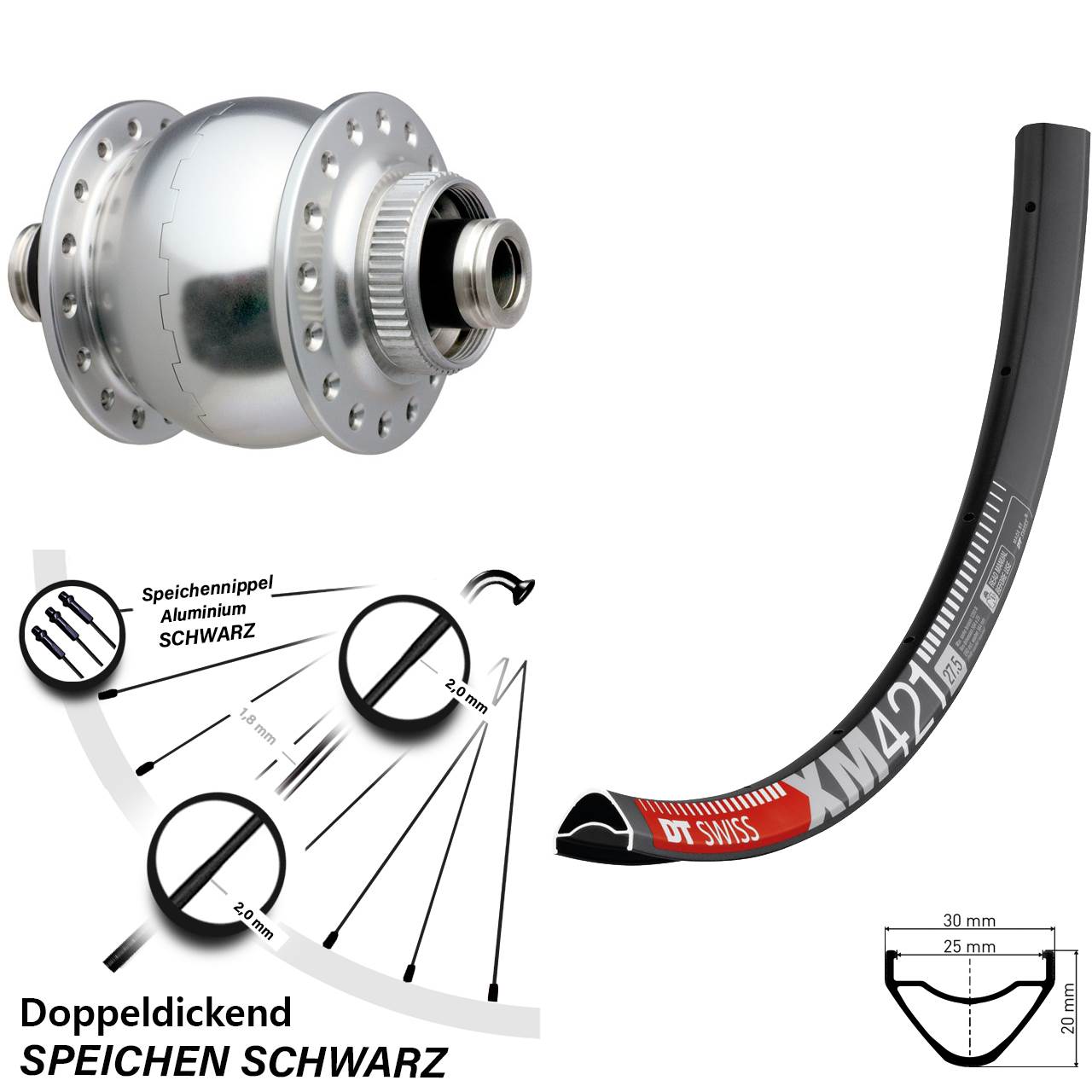 Nabendynamovorderrad Centerlock 12x100 27,5 Zoll DT Swiss XM421 SON delux