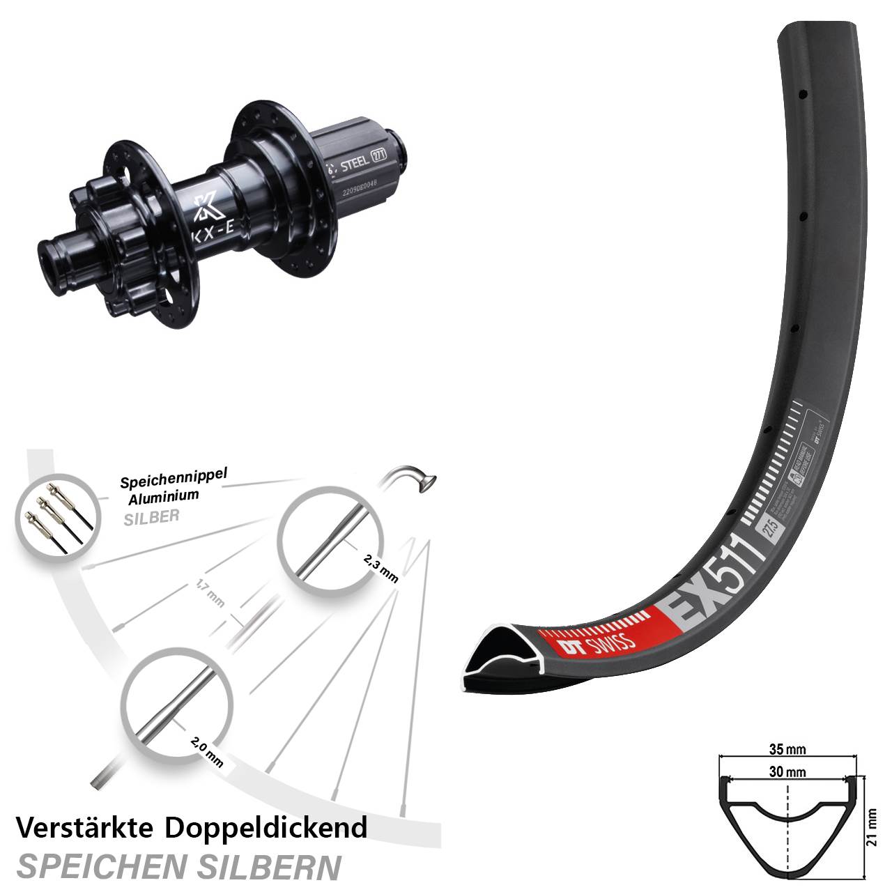 Disc Laufrad 29 Zoll DT Swiss EX511 KX-E Stahl Freilauf 8-12 fach 12x142
