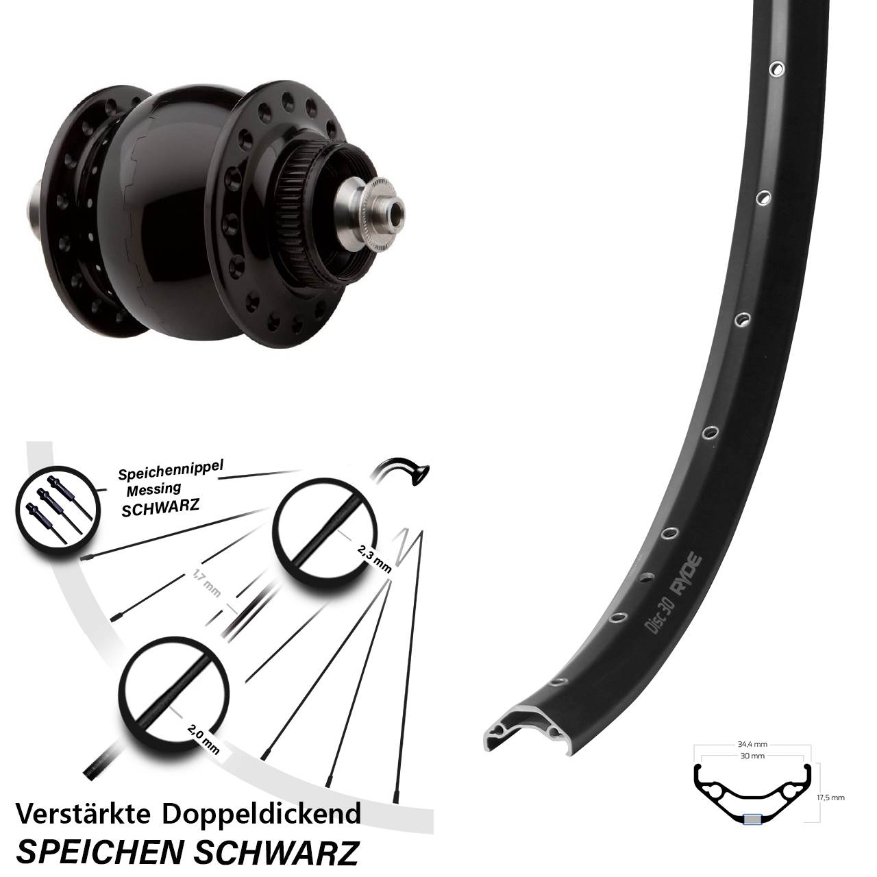 Nabendynamovorderrad 29 Zoll Ryde Disc 30 SON 28 für Schnellspanner