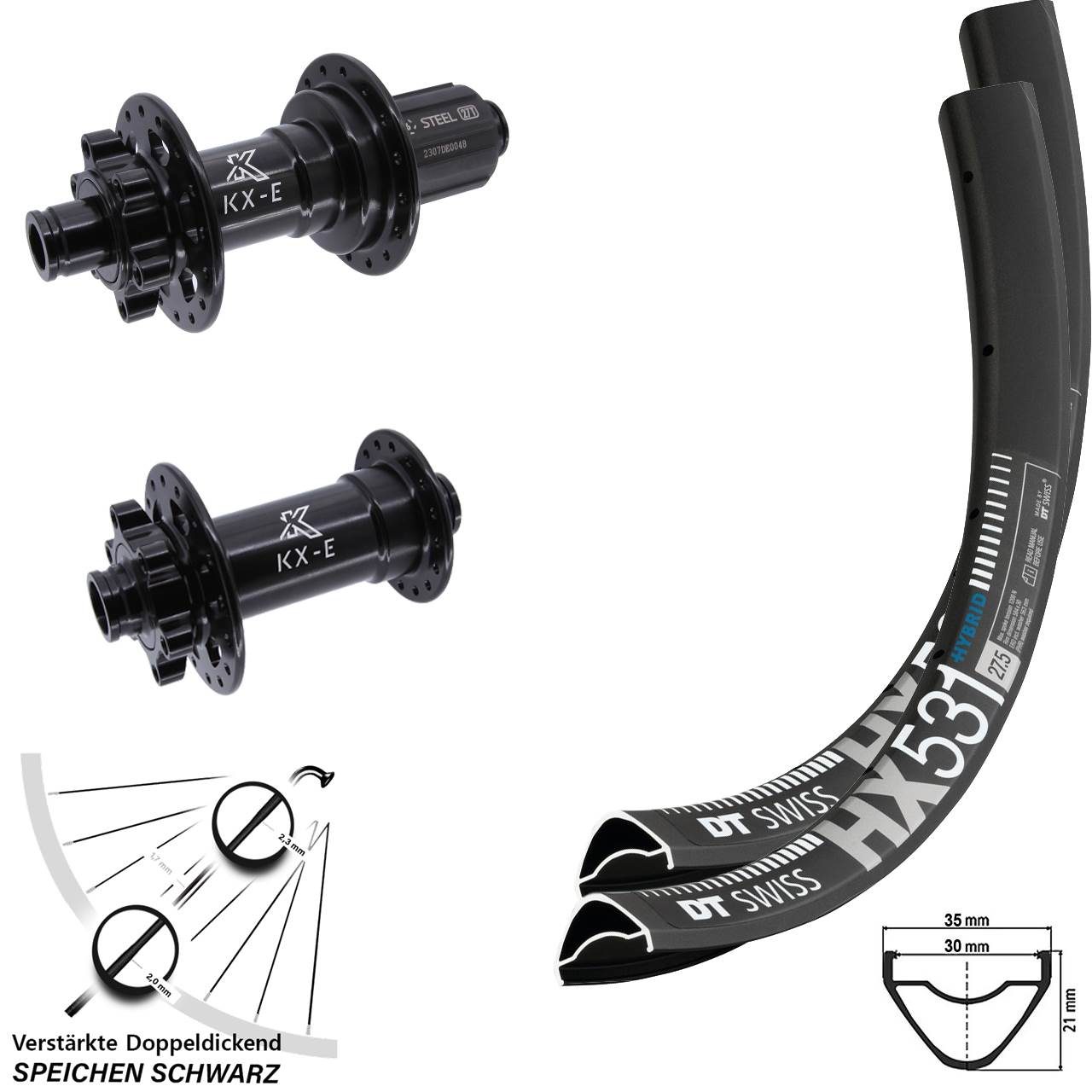 Laufradsatz 15x110 12x148 27,5 Zoll DT Swiss HX531 KX-E Disc 6-Loch Heavy Duty 8-12 fach