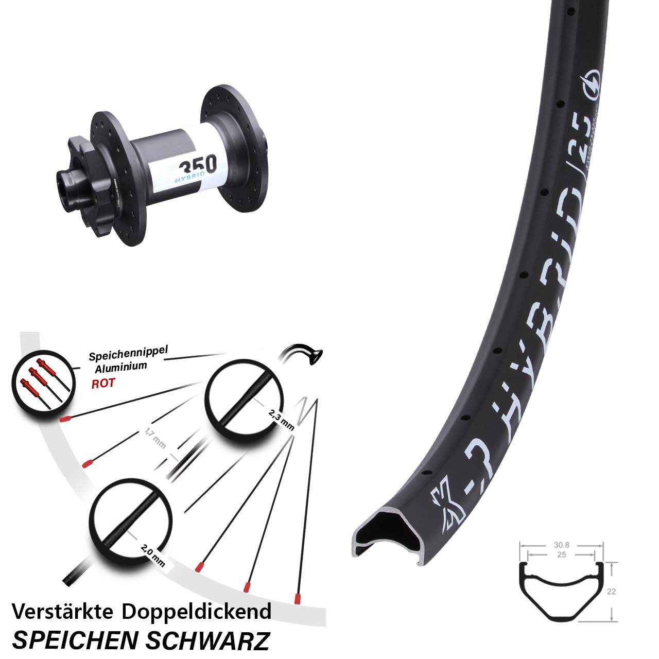 27,5 Zoll KX-R Hybrid 25 DT Swiss 350 E-Bike Vorderrad 15x110 Boost 6-Loch
