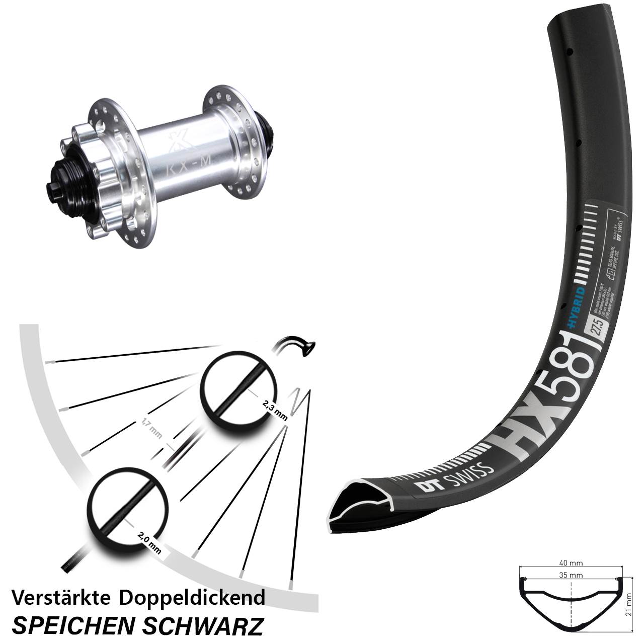 Vorderrad 6-Loch QR 27,5 Zoll DT Swiss HX 581 KX-M
