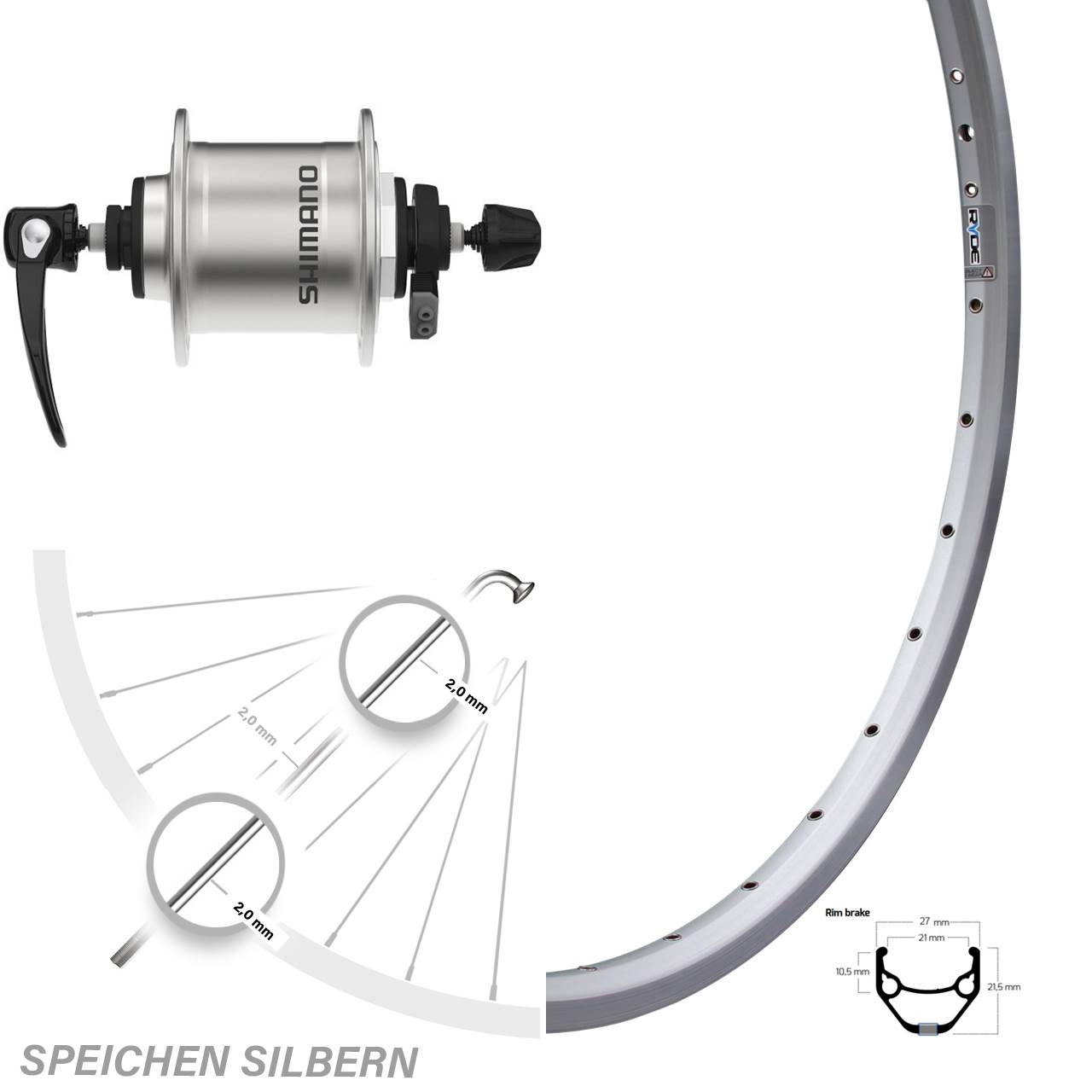 Vorderrad Fahrrad 28 Zoll Ryde ZAC 421 silbern Shimano DH-T4000