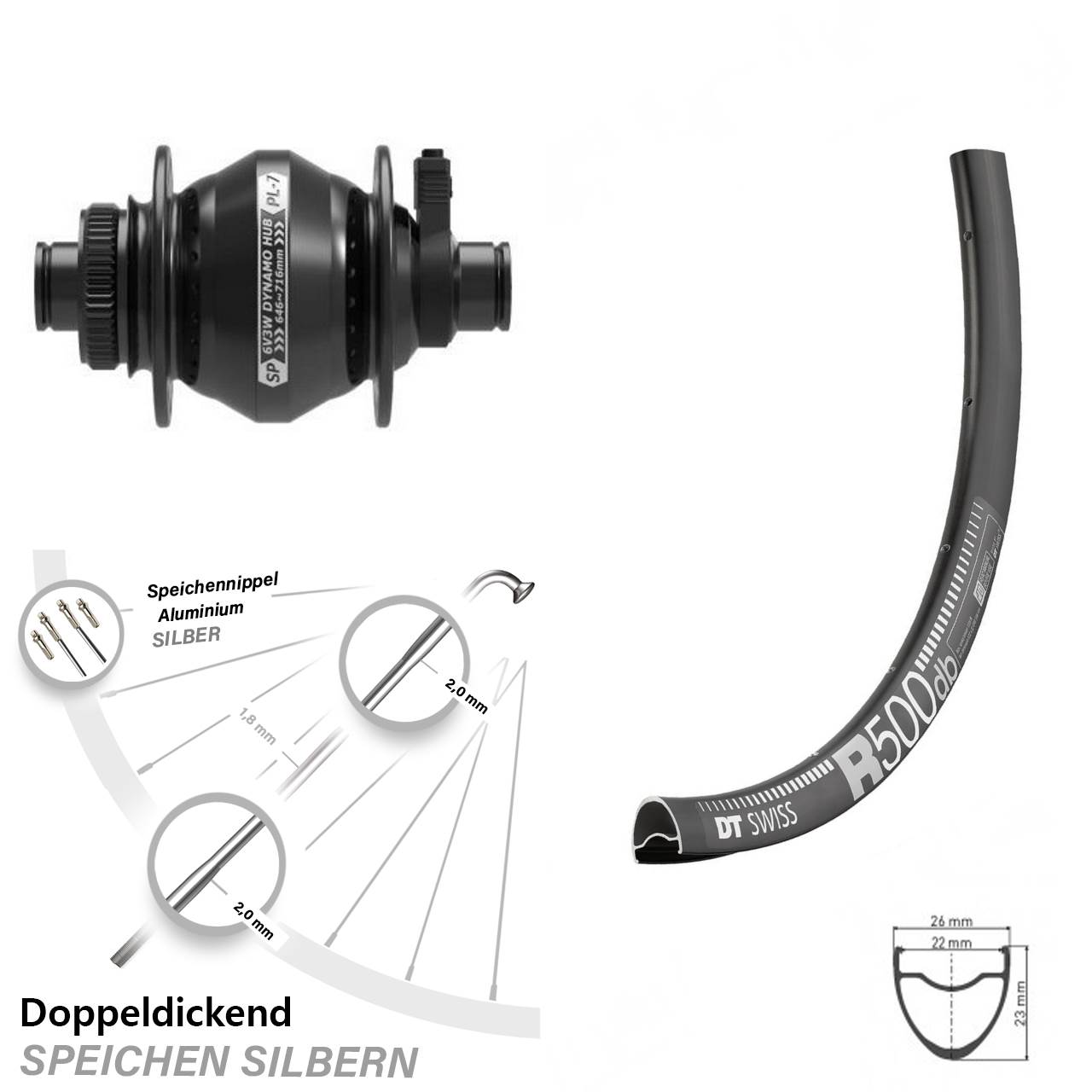 Vorderrad 28 Zoll DT Swiss R 500 Steckachs 12x100 mm Shutter Precision PL-7 Dynamo