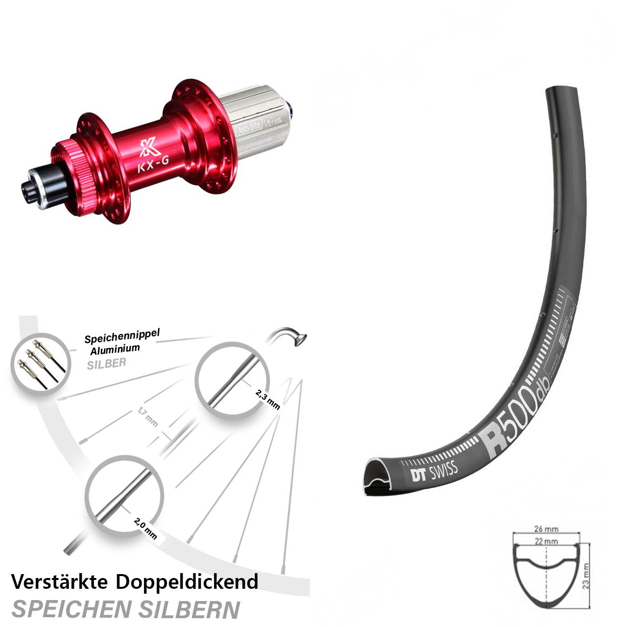 Hinteres Rad DT Swiss R 500 Road Disc Nabe KX-G rot-eloxiert 5x135 mm 8-12 fach Centerlock