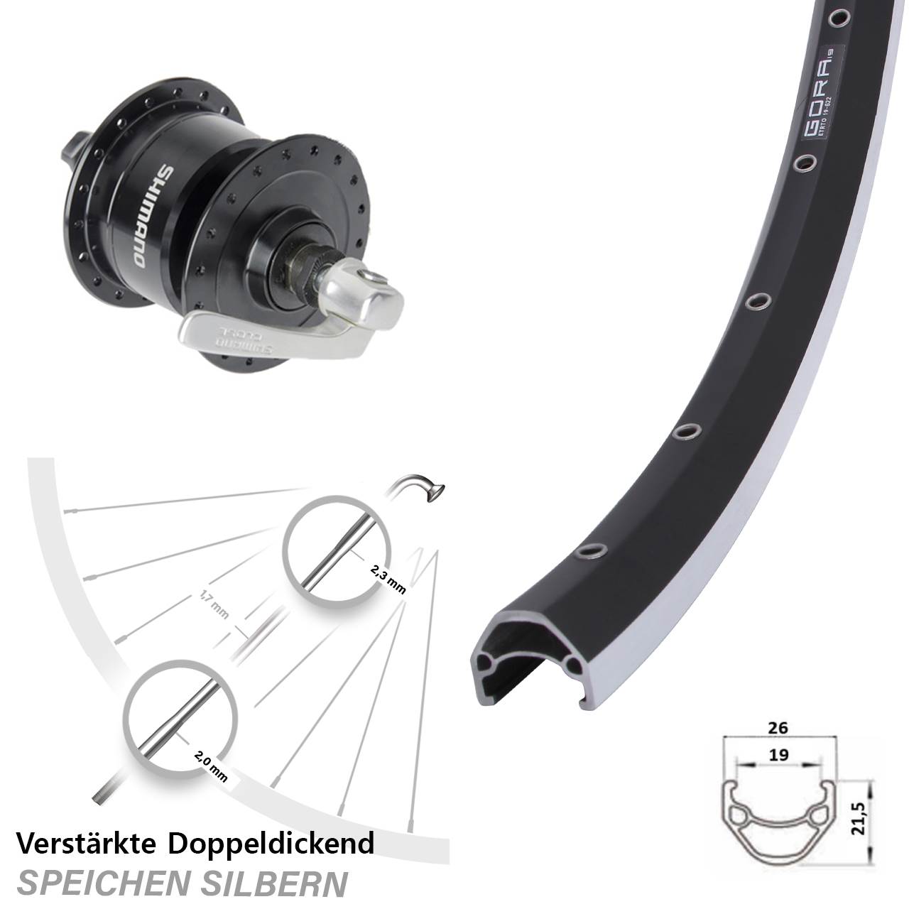 28 Zoll Gora 19 Shimano DH3N72 Vorderrad mit Nabendynamo für Schnellspanner