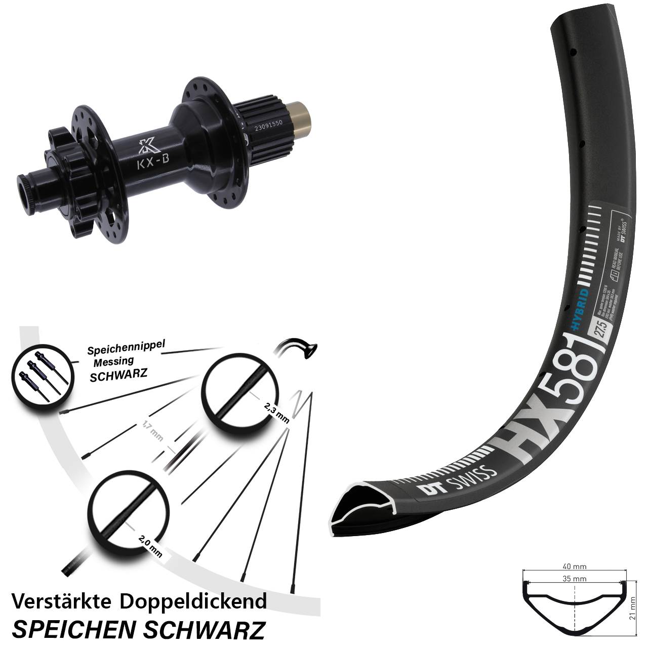DT Swiss HX 581 KX-B 27,5 Zoll 6-Loch Hinterrad 12x148 Shimano Micro Spline