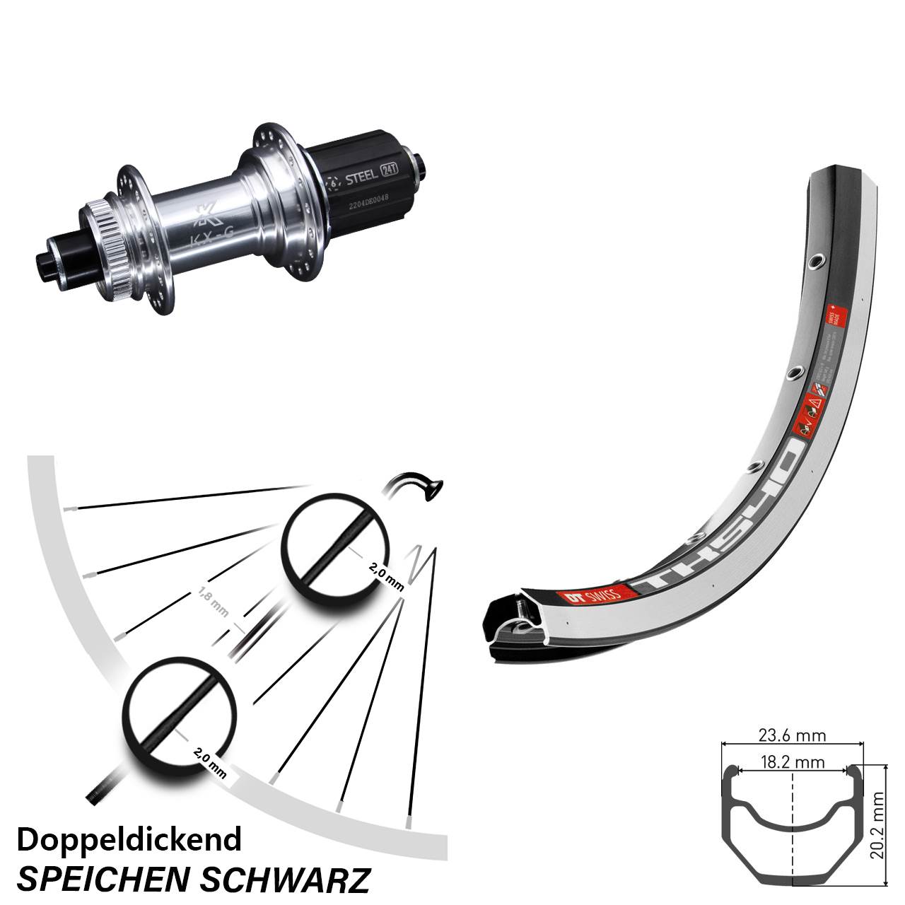 28 Zoll Hinterrad DT Swiss TK 540 Felgenbremse mit KX-GS silbern eloxiert Nabe 8-12 fach