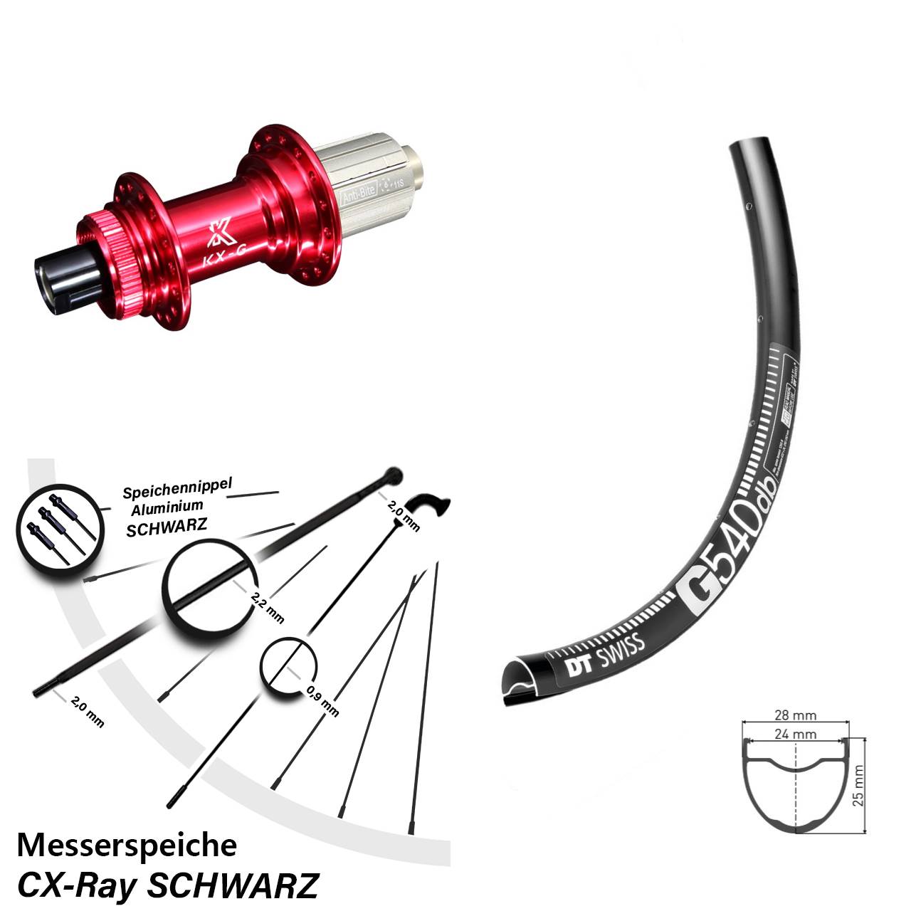 Centerlock Hinterrad 28-29 Zoll DT Swiss G540 KX-G rot 8-12 fach HG 12x142 CX-Ray
