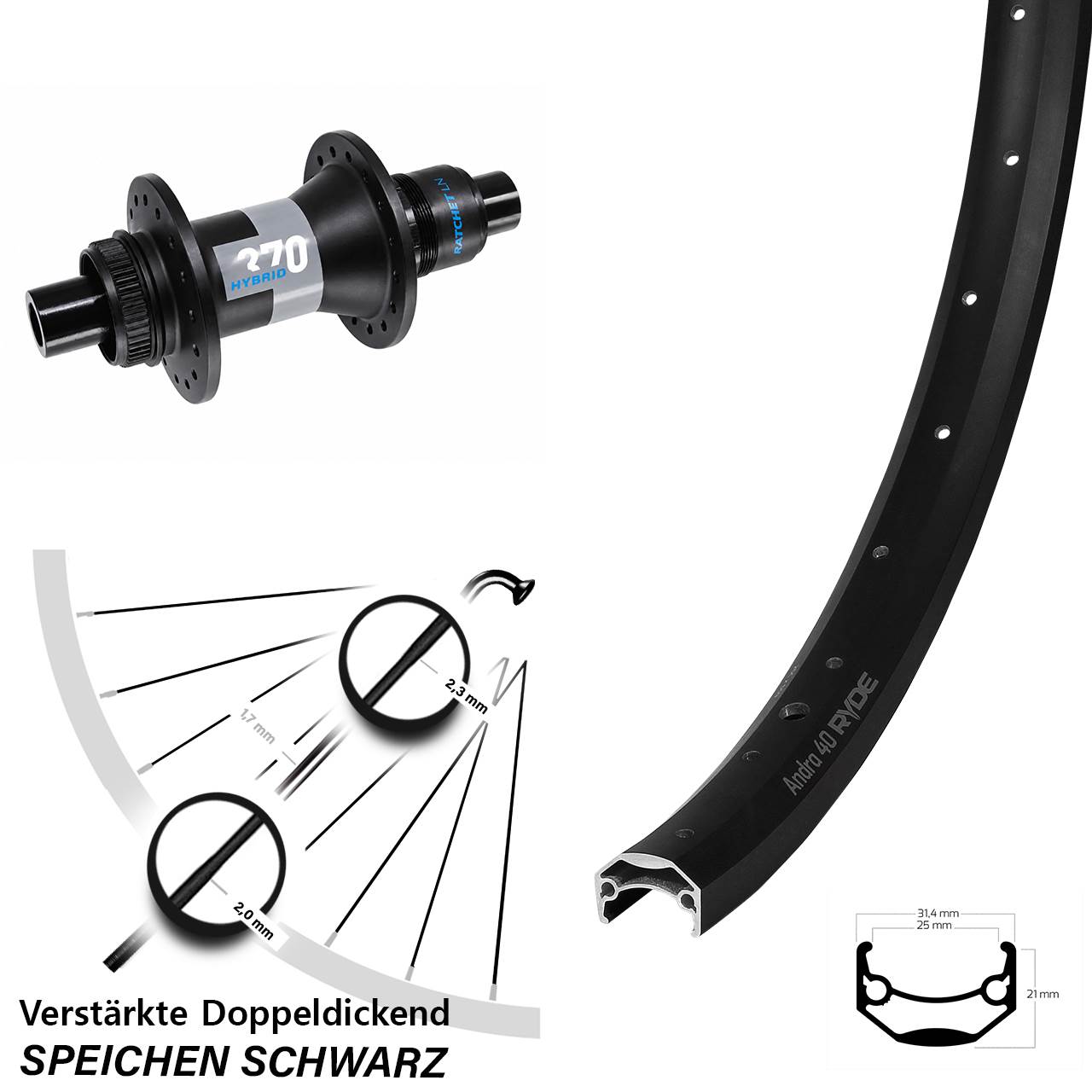 Disc Laufrad 26 Zoll Ryde Andra 40 Disc DT Swiss Hybrid 370 XD 12x148
