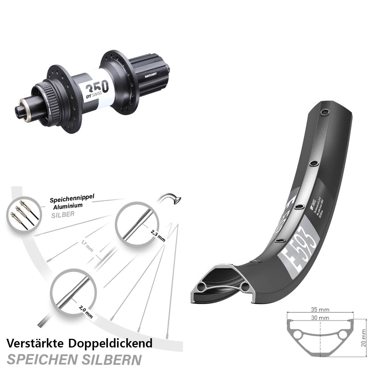 29 Zoll DT Swiss E 593-350 Ratchet 36 Disc Hinterrad QR Boost 8-11 fach HG