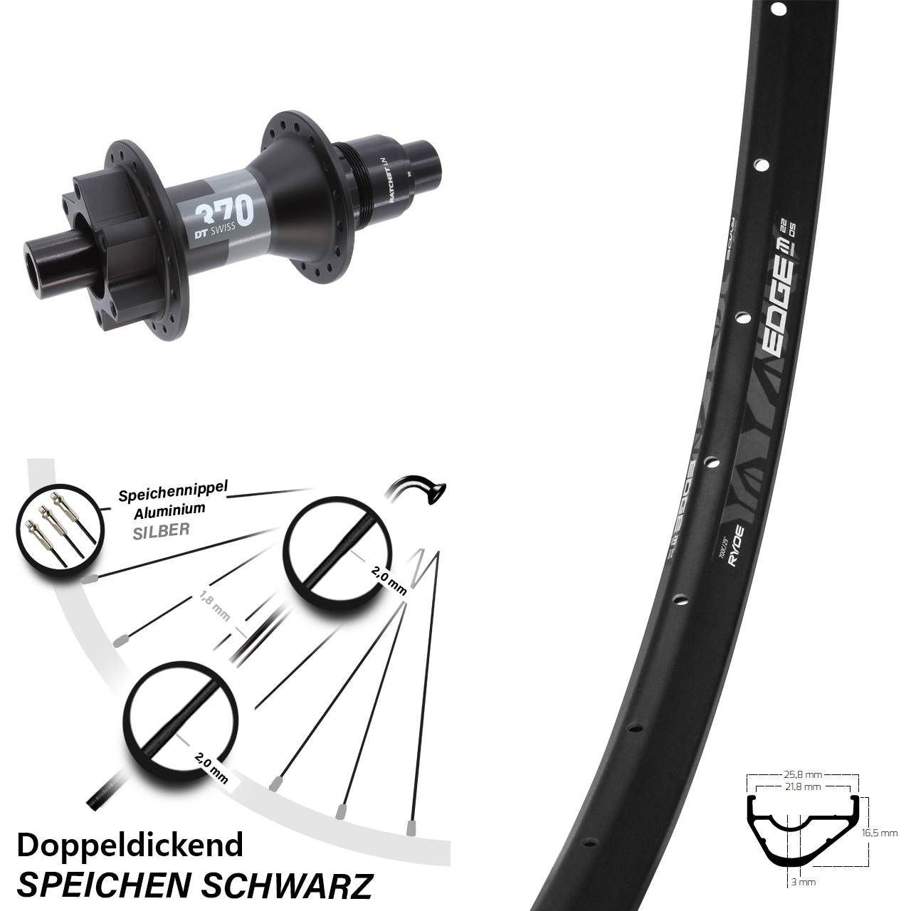 29 Zoll Hinterrad Ryde Edge M22 OS mit DT Swiss 370 12x148 Boost 6-Loch Sram XD