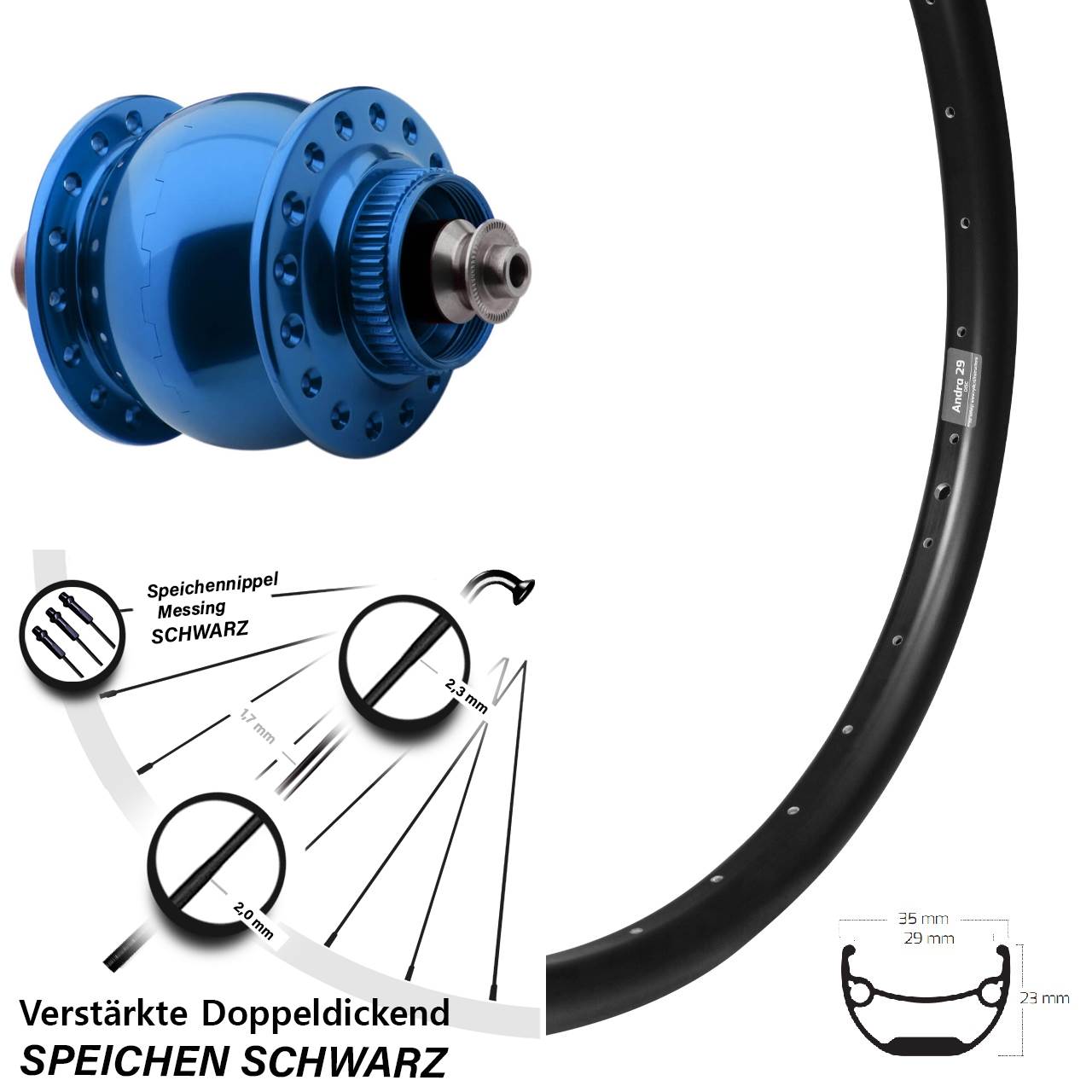 SON 28 blau Ryde Andra 29 Zoll Disc Vorderrad mit Nabendynamo QR