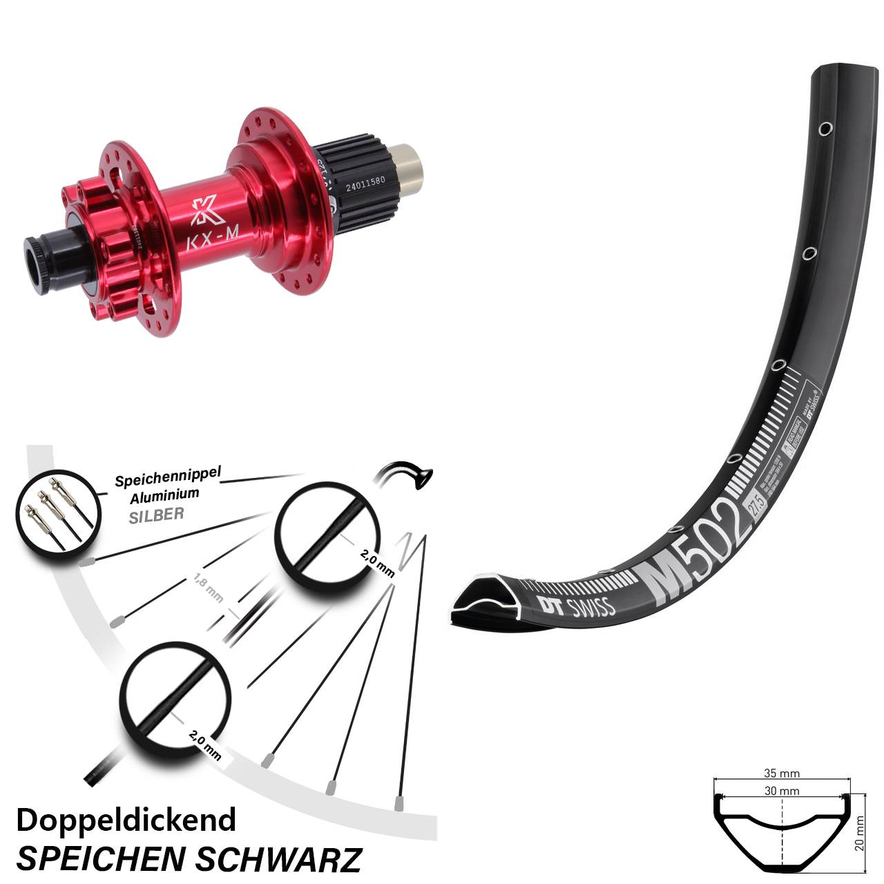 29 Zoll DT Swiss M 502 KX-M rot 6-Loch Hinterrad 12x142 Shimano Micro Spline