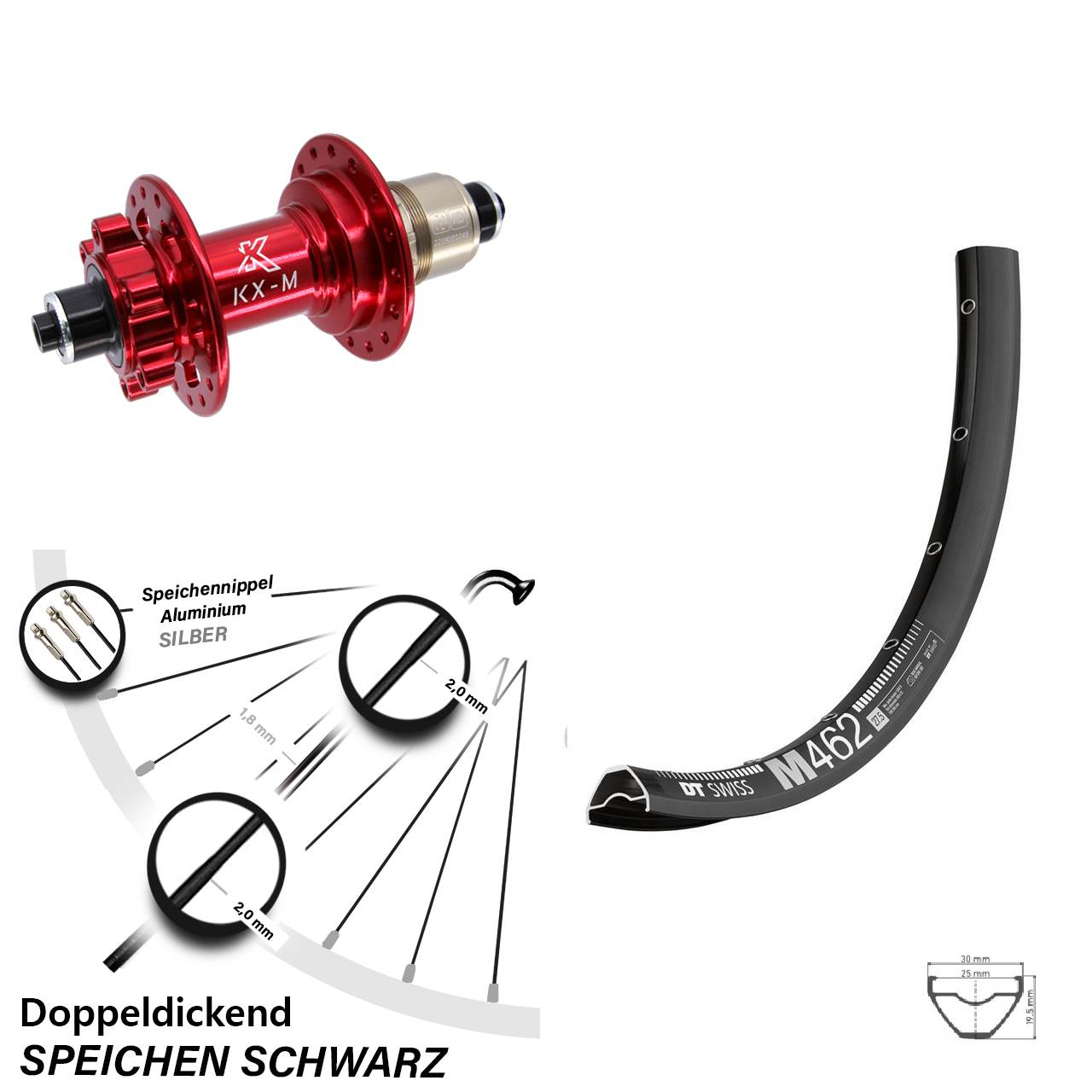 Hinterrad 6-Loch QR 650B DT Swiss M462 KX-M rot SRAM XD