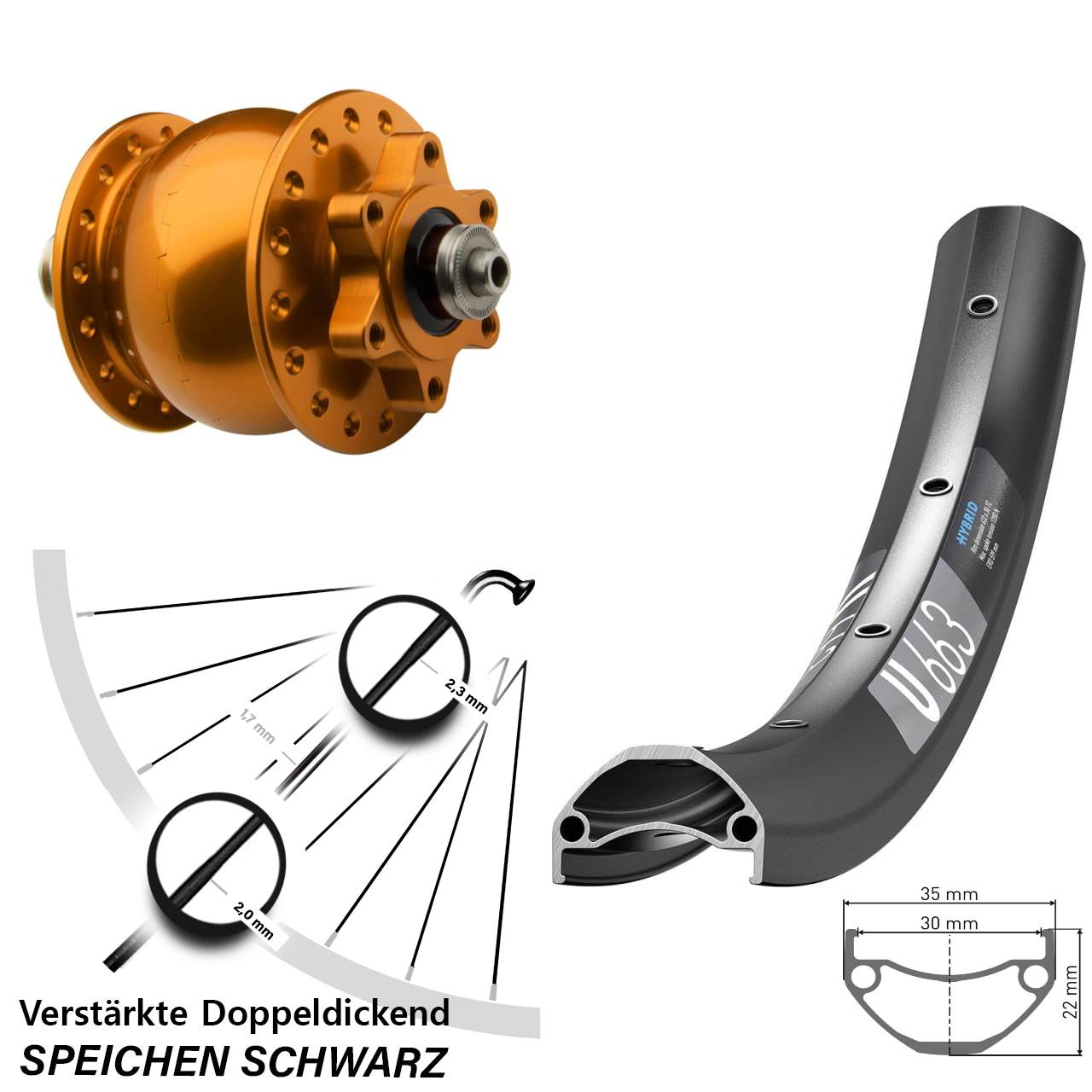 650B DT Swiss U 663 SON 28 orange Disc Nabendynamolaufrad für Schnellspanner