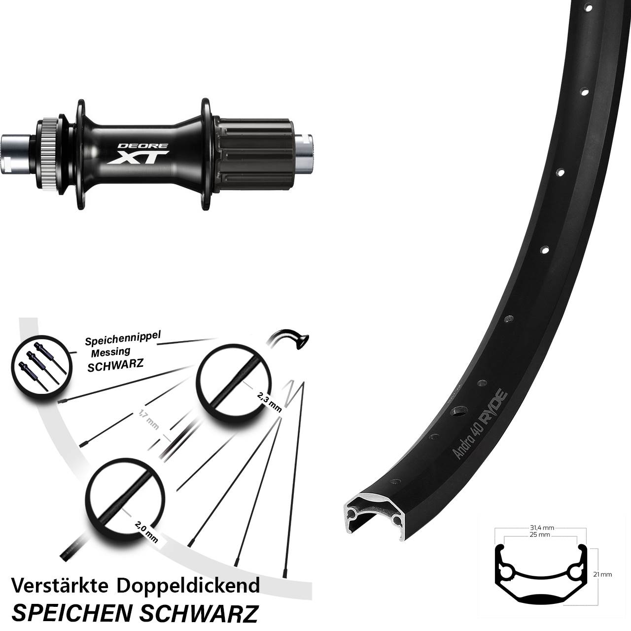26 Zoll Ryde Andra 40 Disc Shimano XT FH-M8010-B Centerlock Hinterrad 12x148 8-11 fach