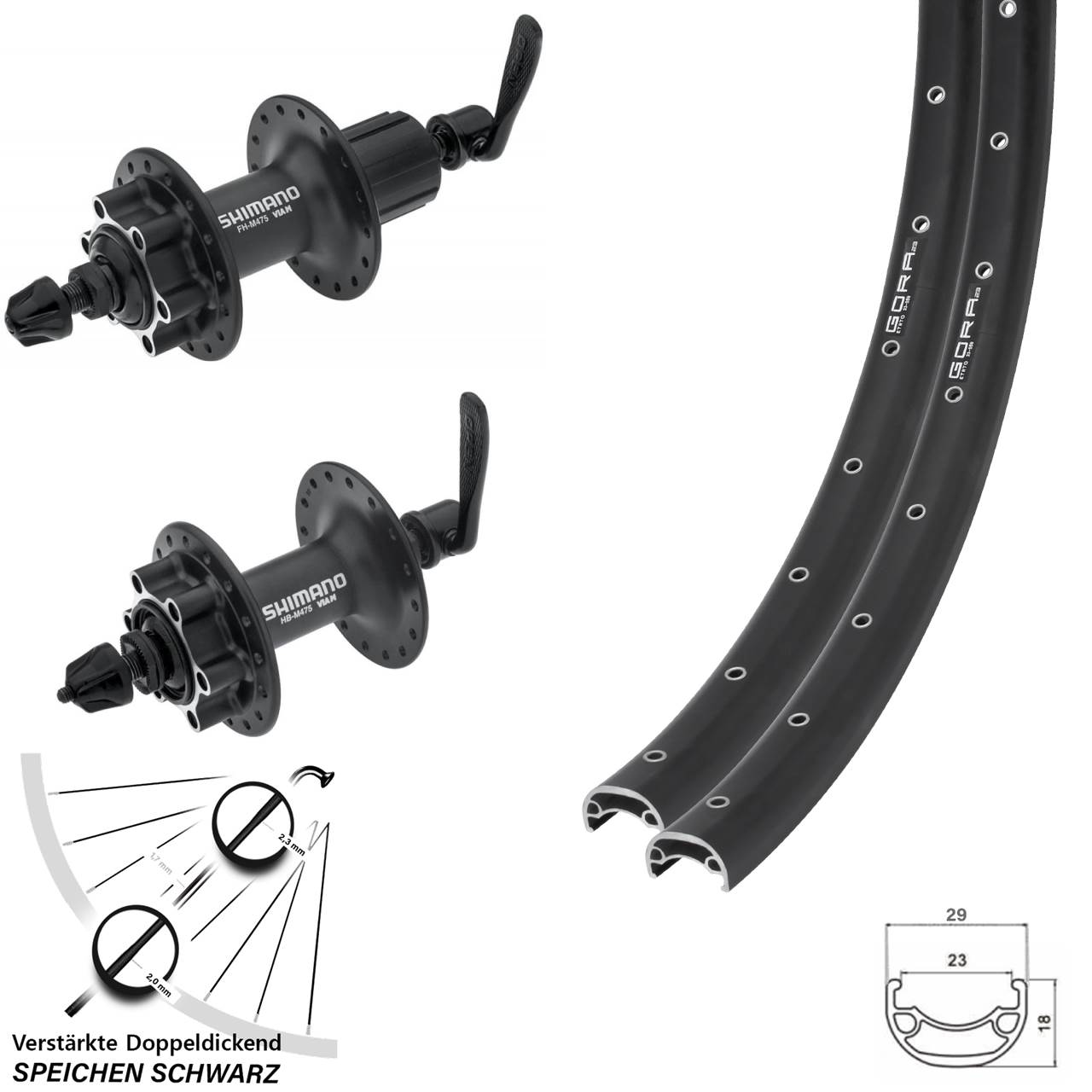 Gora 23 Shimano HB-M475 FH-M475 26 Zoll Disc Laufrad-Satz QR 8-11 fach