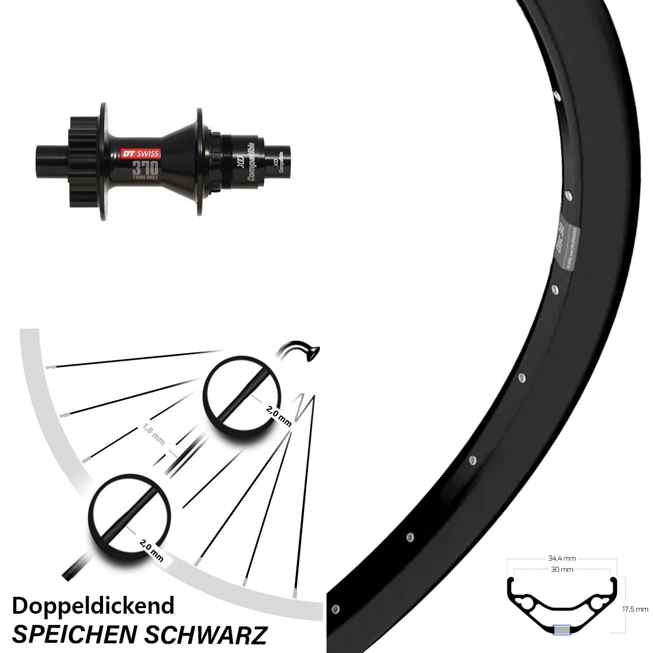 Hinterrad 6-Loch 12x142 27,5 Zoll Ryde Disc 30 DT Swiss 370 XD