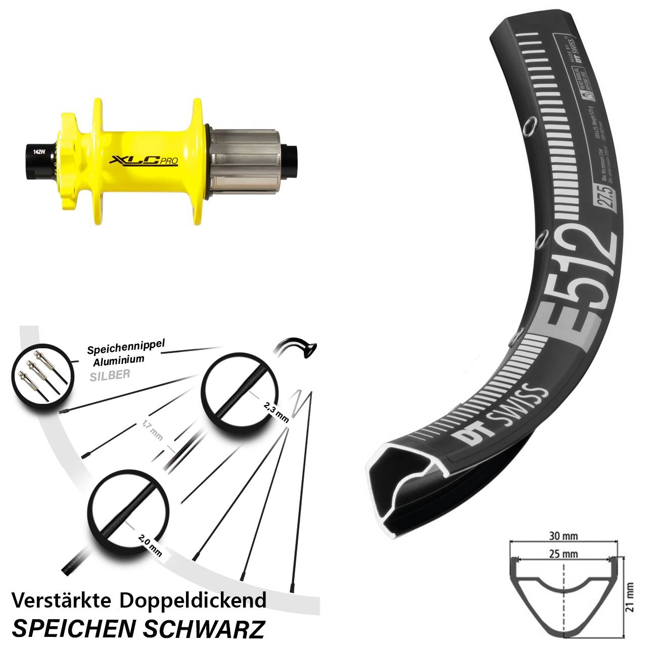 Disc Hinterrad 650B DT Swiss E 512 XLC Pro gelb 8-11 fach 12x142