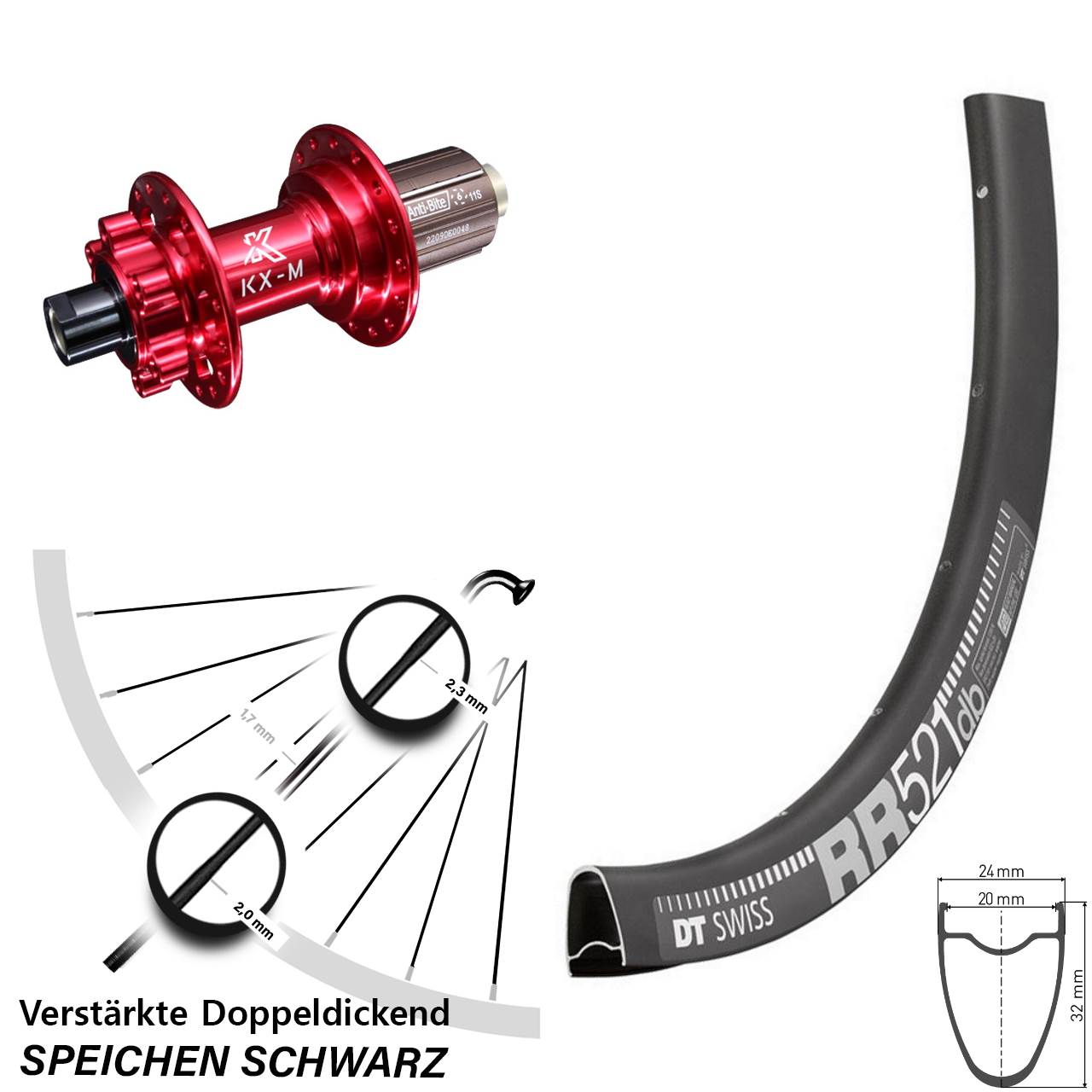 DT Swiss RR 521 KX-M rot 28 Zoll Disc Hinterrad 12x142 8-12 fach HG