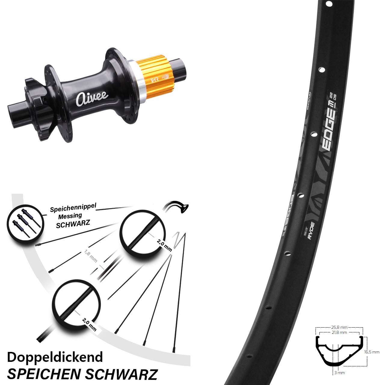 29 Zoll Ryde Edge M22 OS Hinterrad Aivee Classic Boost Shimano Micro Spline