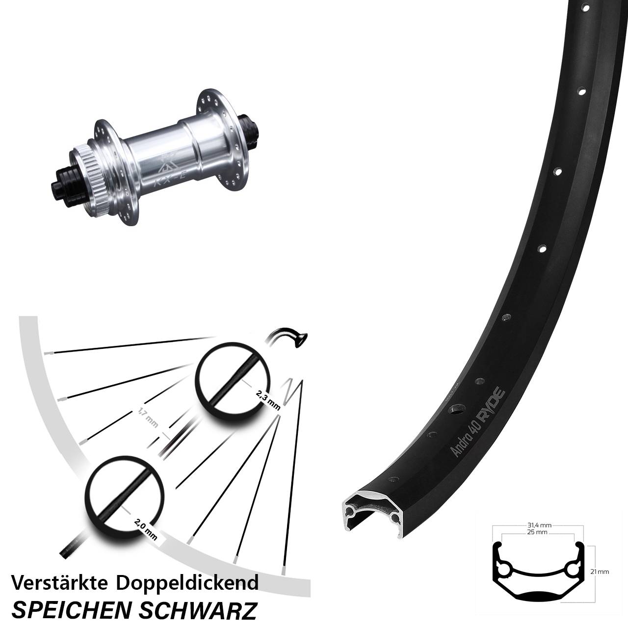 Ryde Andra 40 Disc Vorderrad E-Bike 28-29 Zoll KX-E Nabe silbern-eloxiert 5x100 mm